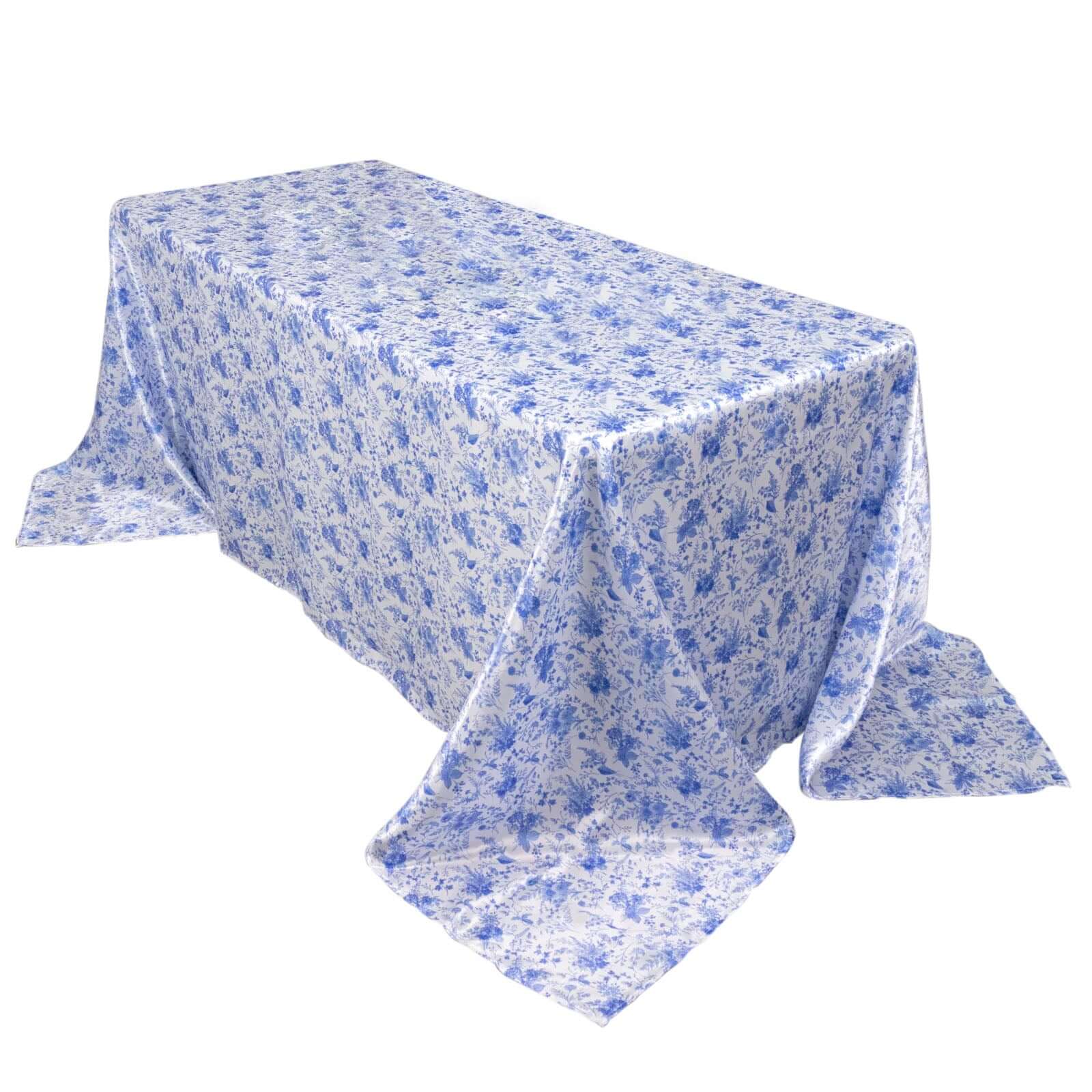 Exclusive Satin 90x132 Rectangular Tablecloth - White/Blue French Toile Design, Wrinkle-Resistant