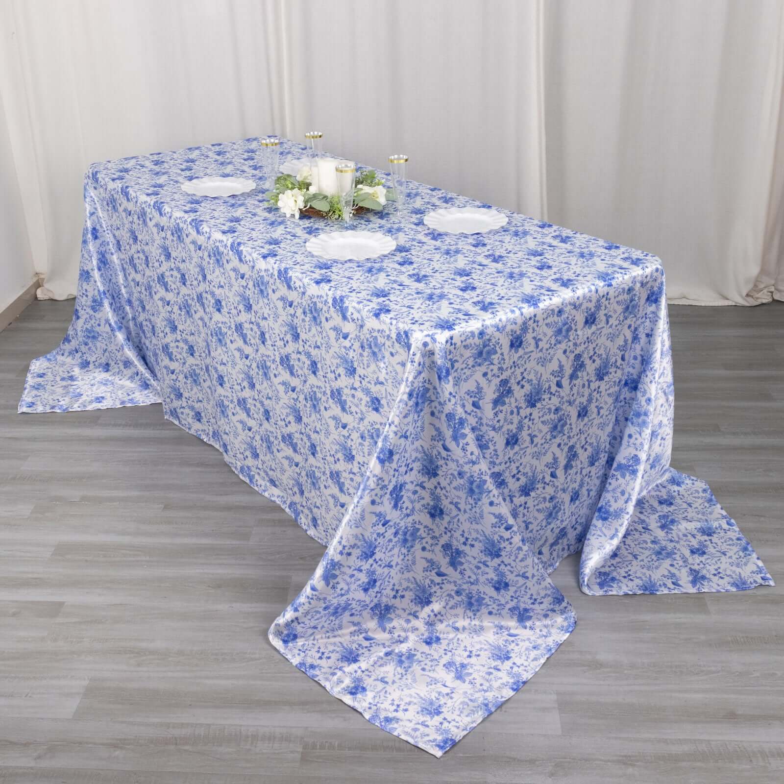 Exclusive Satin 90x132 Rectangular Tablecloth - White/Blue French Toile Design, Wrinkle-Resistant