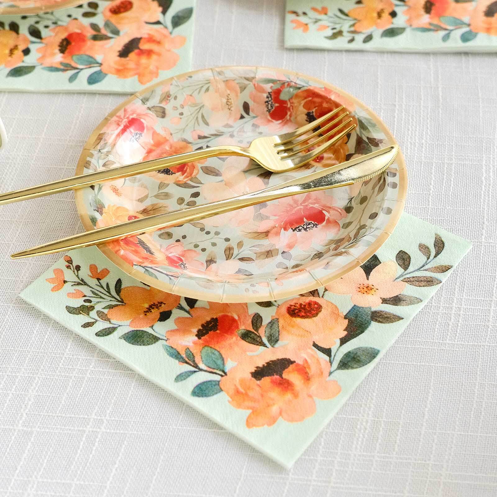 72-Piece Disposable Paper Dinnerware Set with Pink Floral and Sage Green Design