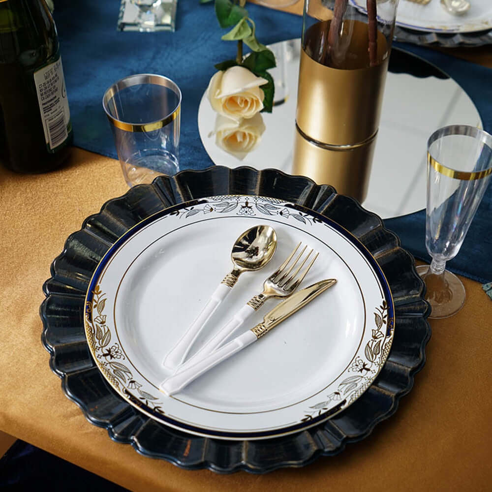 10-Pack Disposable White Dinner Plates with Royal Blue Rim and Gold Vine Design for Special Events