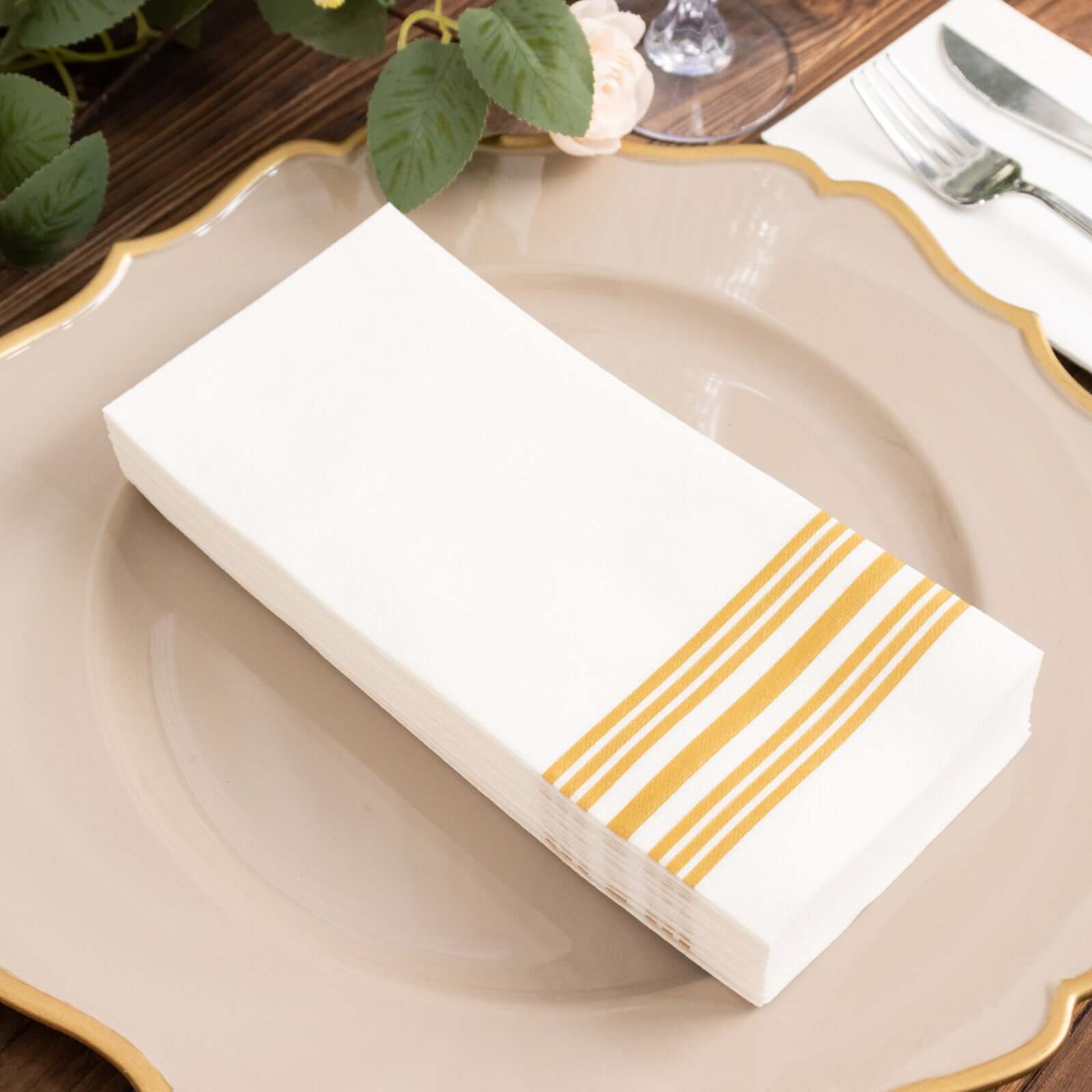 Hot Deal! 20-Pack White Linen-Like Airlaid Napkins with Gold Lines