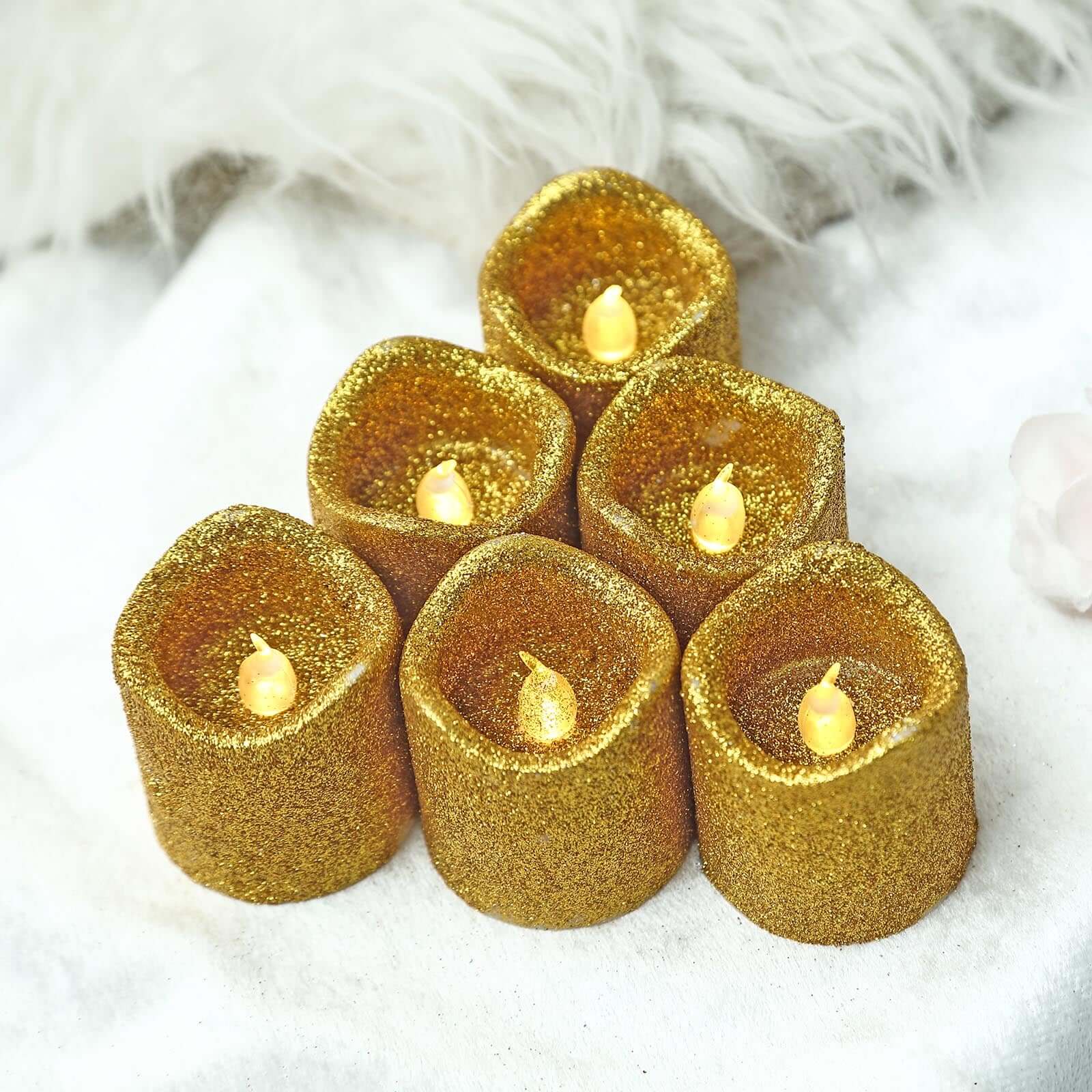 Hot Sale! 12-Piece Reusable Flameless LED Votive Candles with Glittered Gold Design, Battery Operated