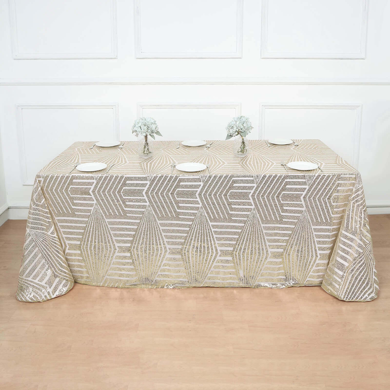 Exclusive Champagne Sequin Rectangle Tablecloth with Diamond Design