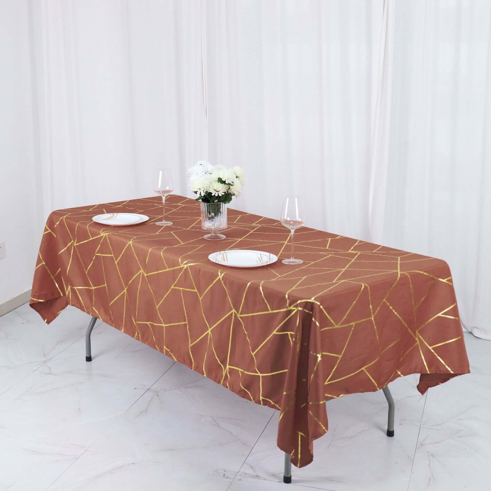 Wrinkle-Resistant & Durable Polyester Rectangle Tablecloth in Terracotta with Gold Foil Geometric Design - Ideal for Events
