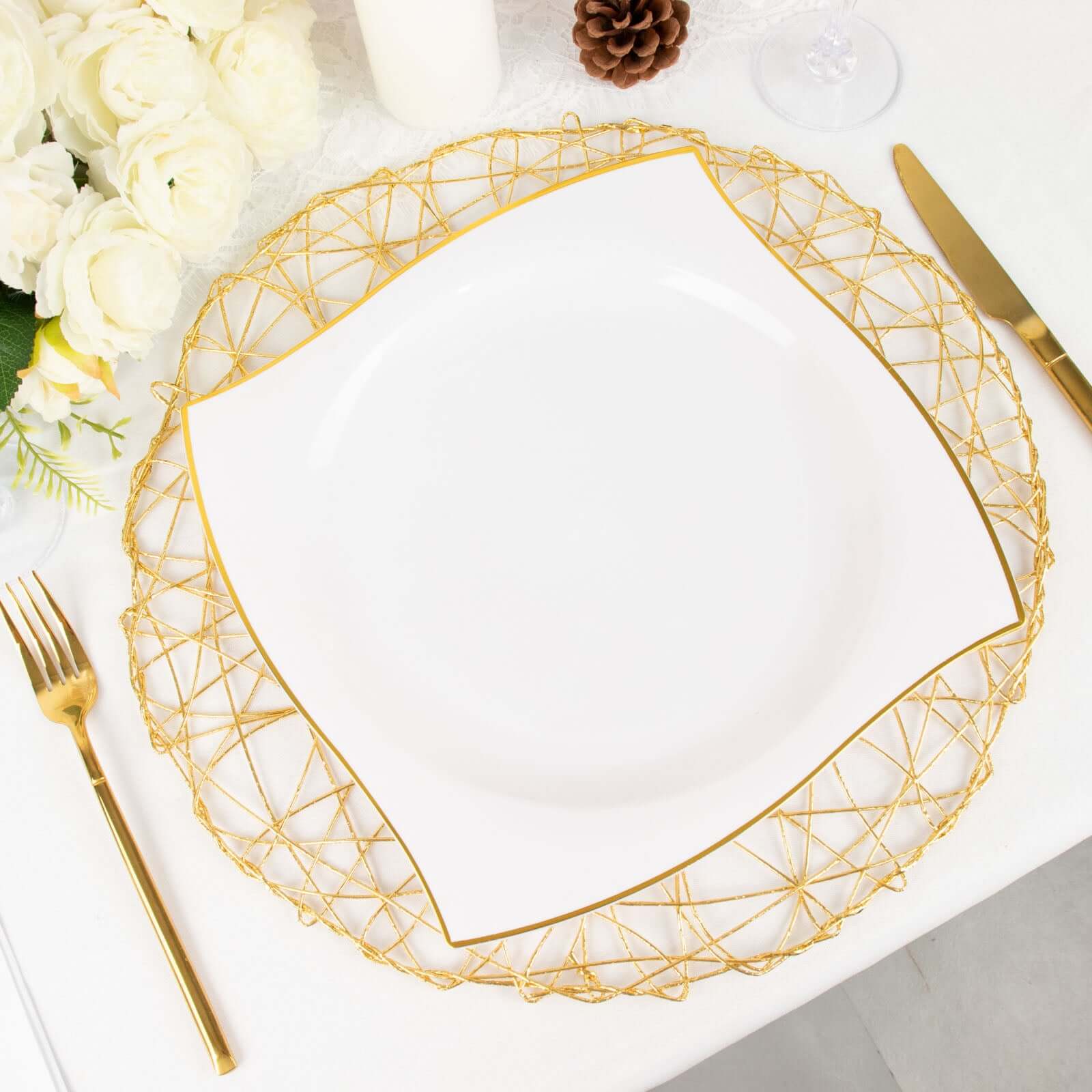10-Piece Set of White Plastic Square Dinner Plates with Gold Wavy Rim for Luxury Parties