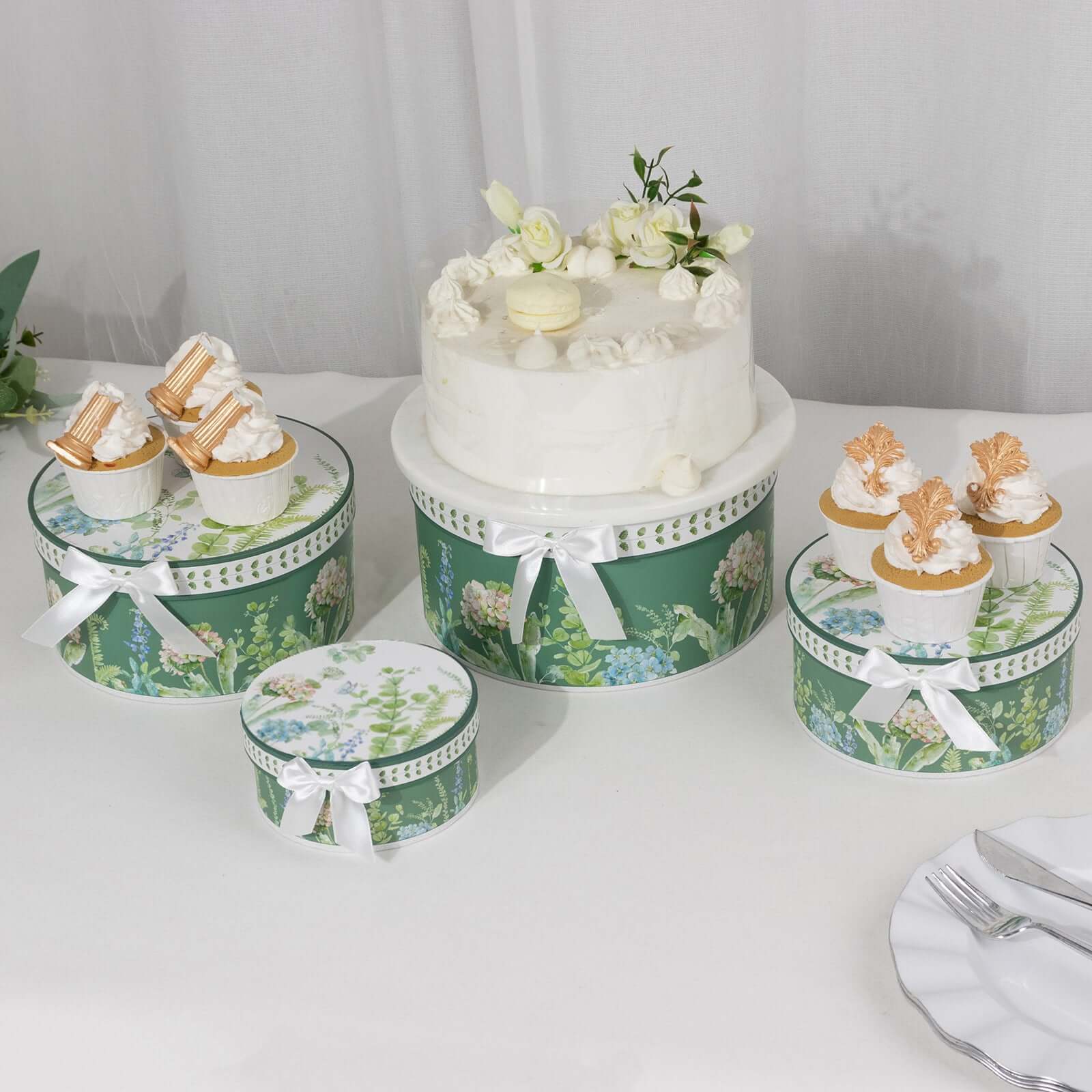 4-Piece Set of Greenery-Themed Cardstock Round Nesting Gift Boxes with Lids