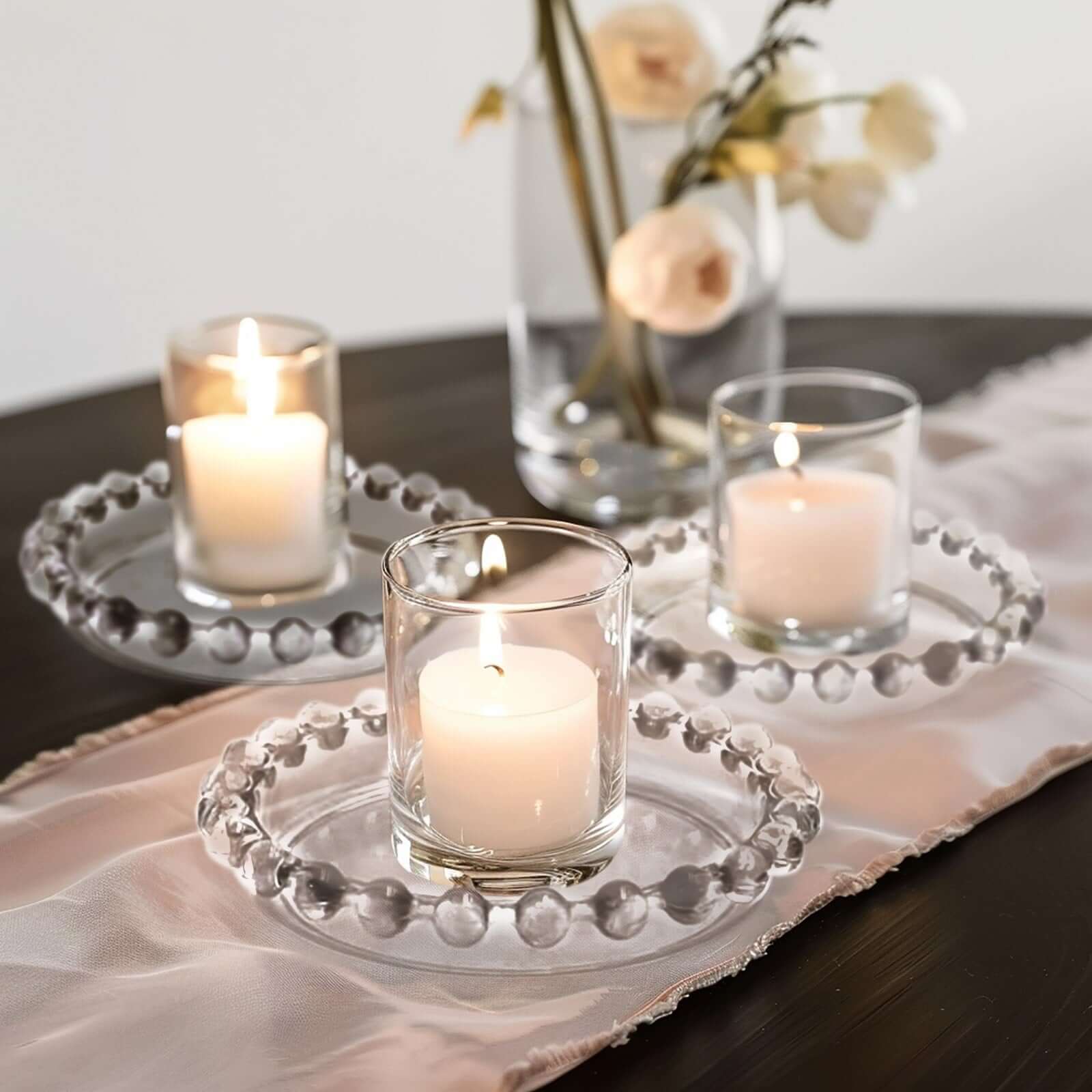 6-Pack Clear Glass Pillar Candle Holder Plates with Beaded Rims - Ideal Small Round Coasters