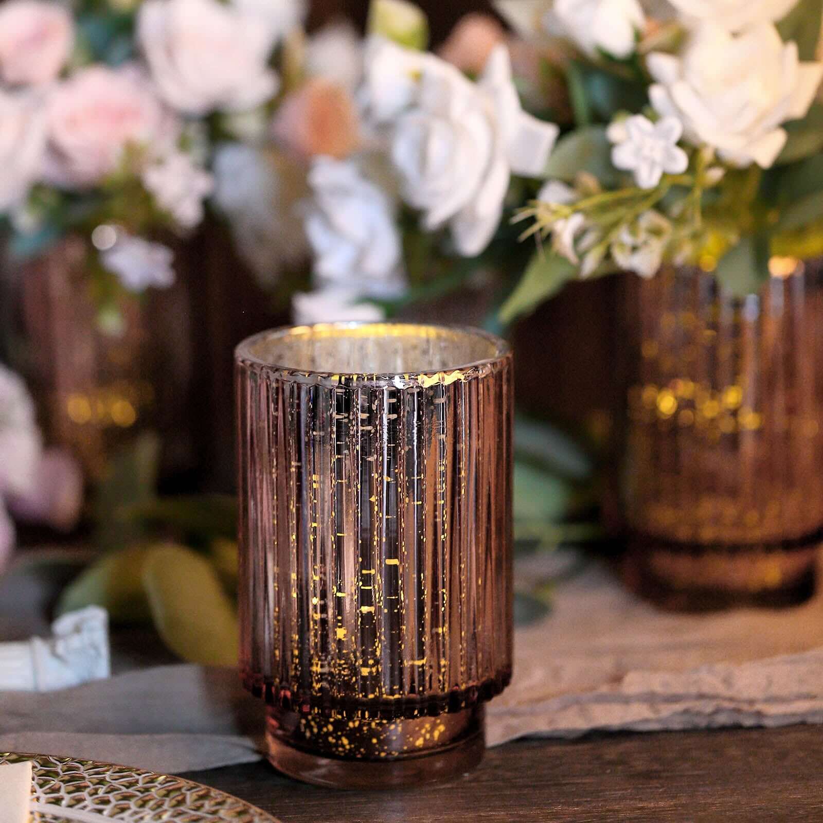 Hot Deal! 3-Pack Rose Gold Wavy Mercury Glass Hurricane Candle Holders