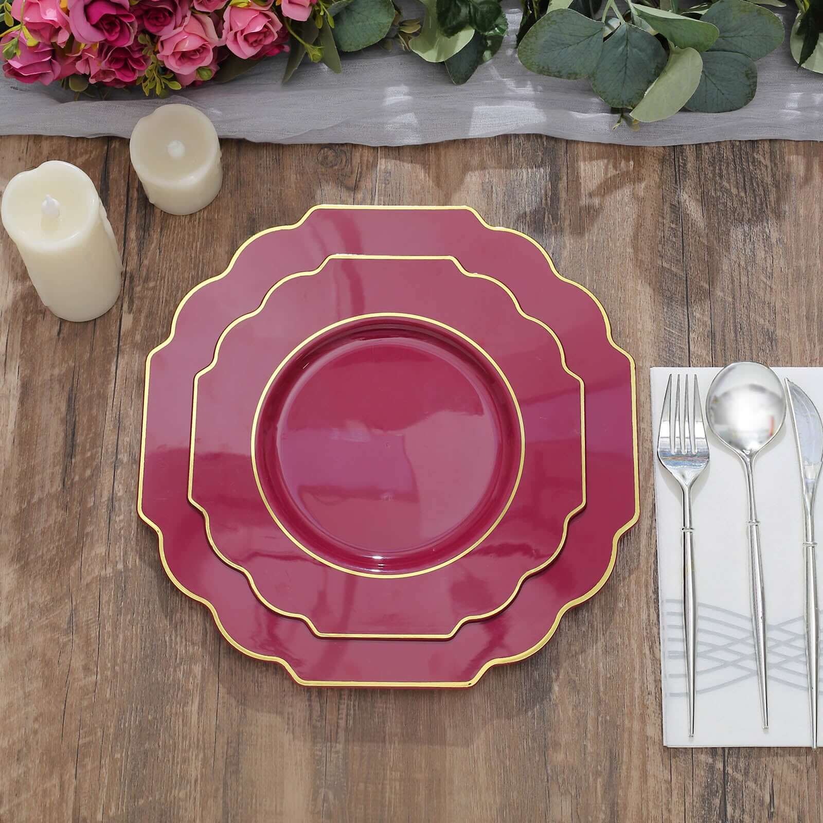 10-Piece Set of Heavy Duty Disposable Burgundy Baroque Dinner Plates with Scalloped Gold Rim