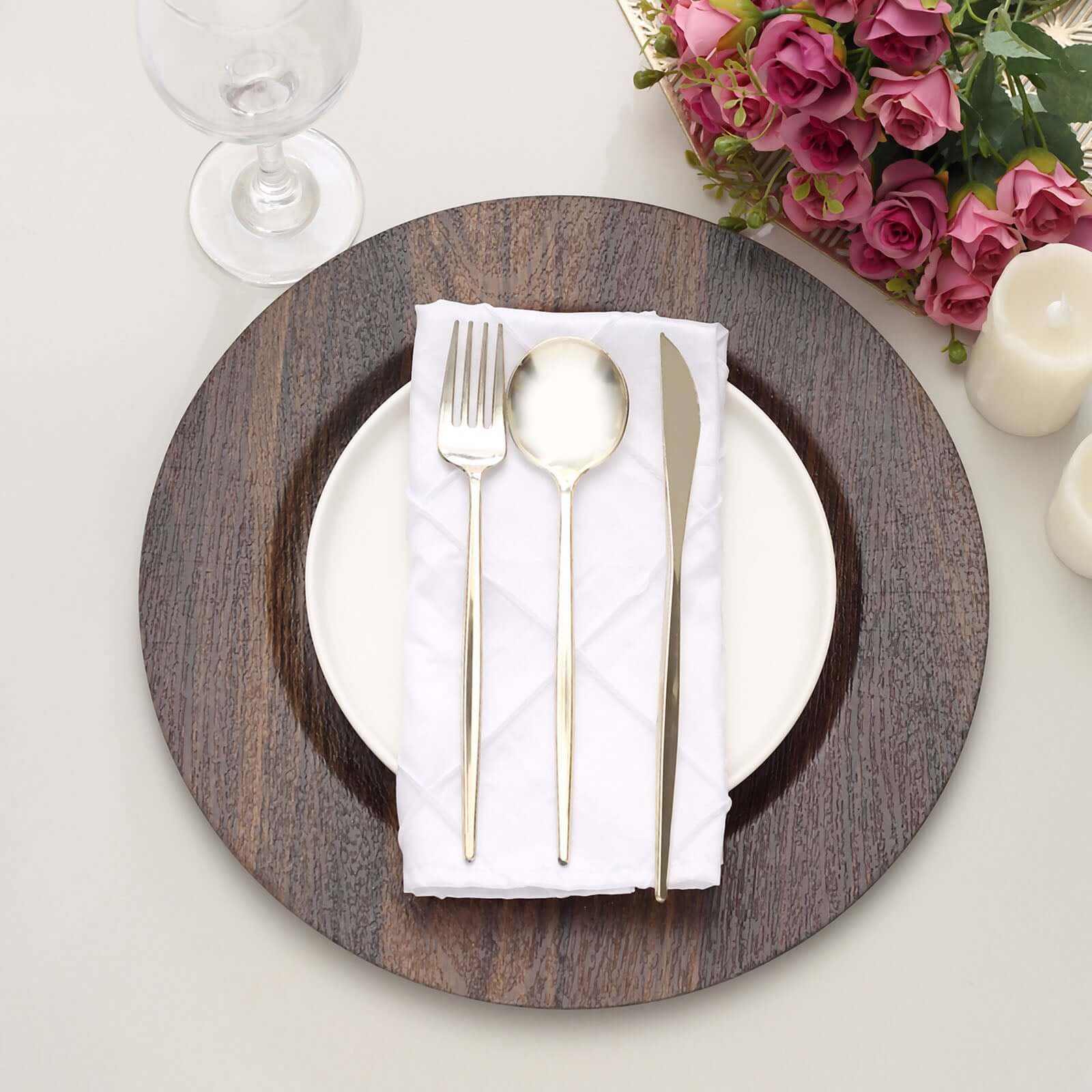 Hot Sale! 6-Piece Set of 13-Inch Dark Brown Plastic Charger Plates with Faux Wood Finish for Rustic Boho Dinner Parties