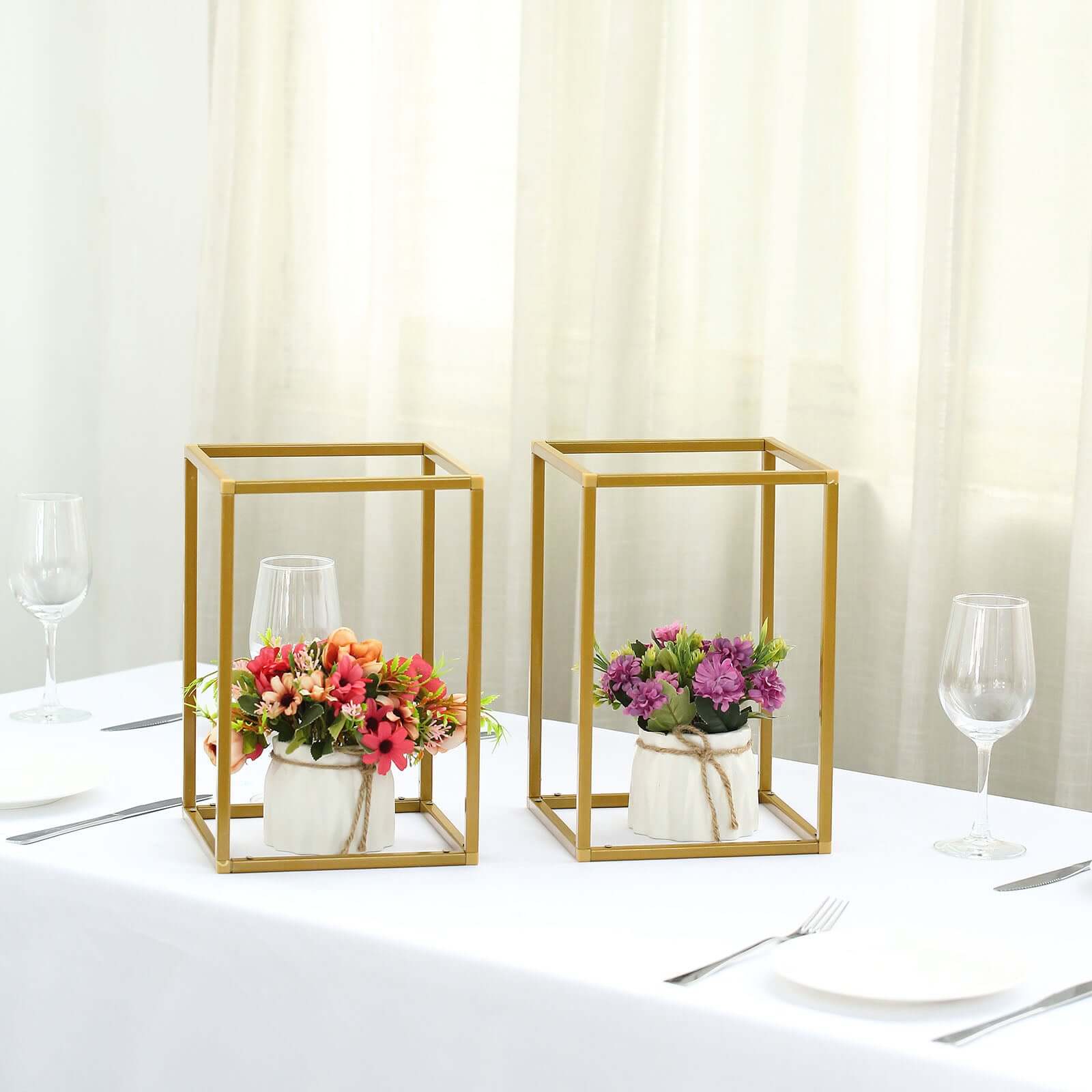 2-Pack Gold Metal Rectangular Geometric Column Frame Wedding Flower Stand - Ideal for Elegant Arrangements