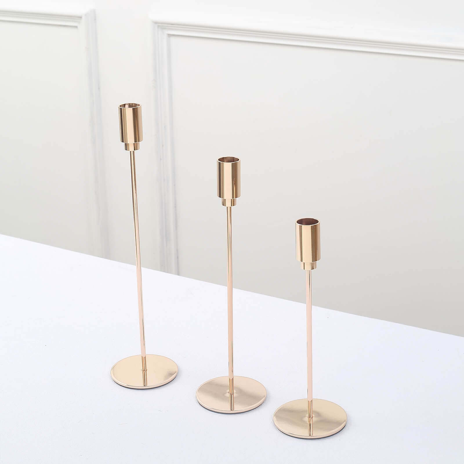 Gold Metal Set of 3 Taper Candle Stands with Round Base - Ideal for Weddings