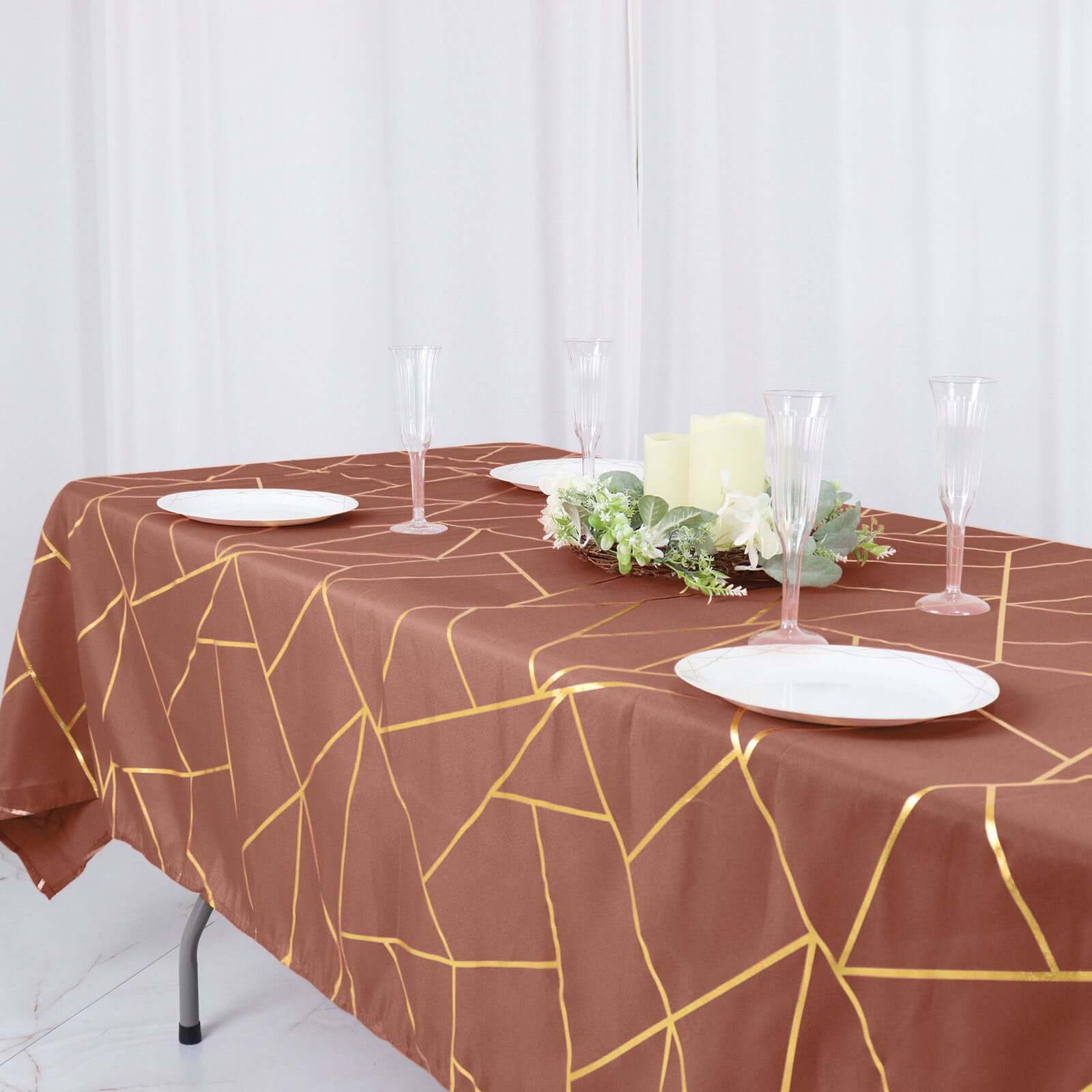 Wrinkle-Resistant & Durable Polyester Rectangle Tablecloth in Terracotta with Gold Foil Geometric Design - Ideal for Events