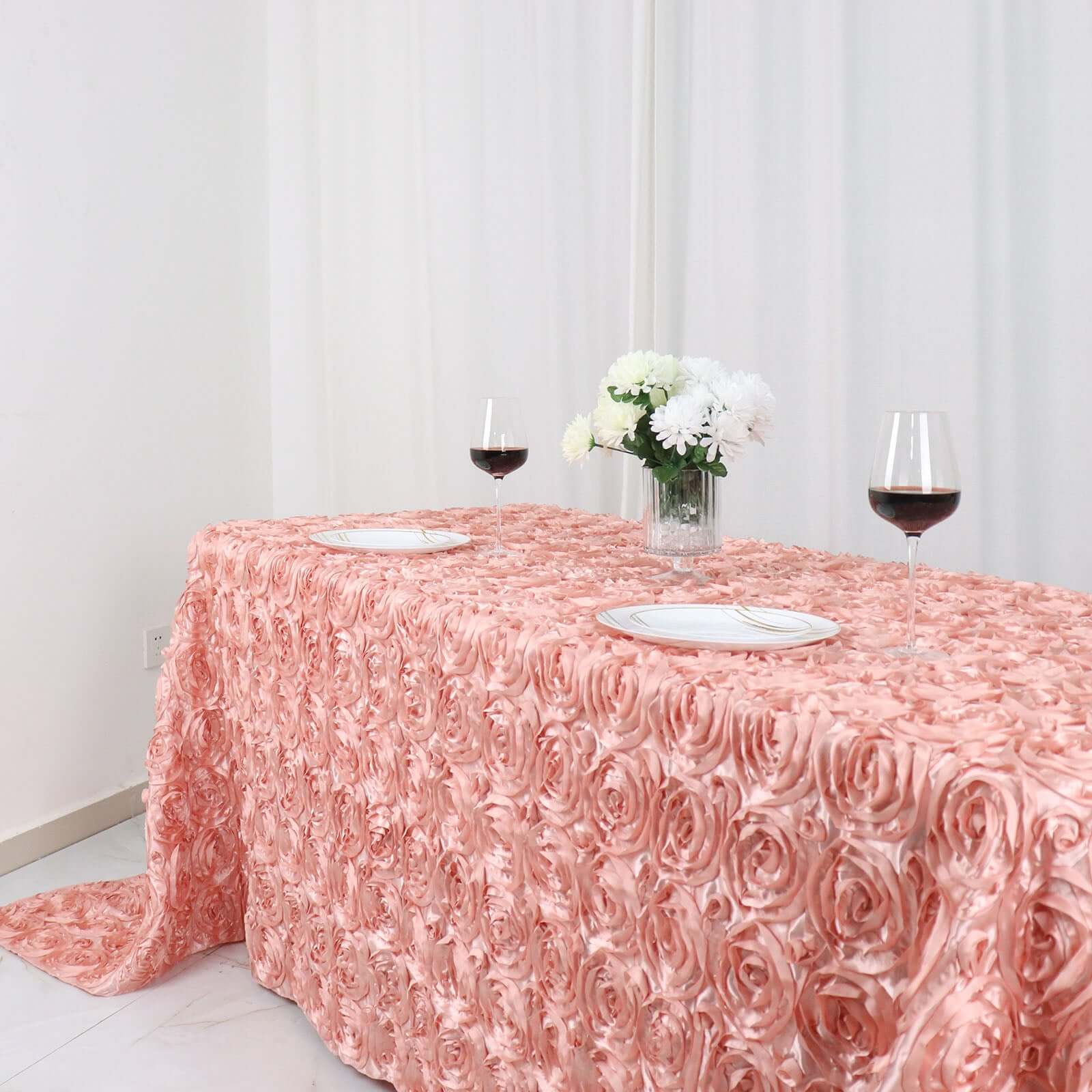 Luxurious Dusty Rose Satin 90x132 Rectangle Tablecloth with 3D Rosette Design