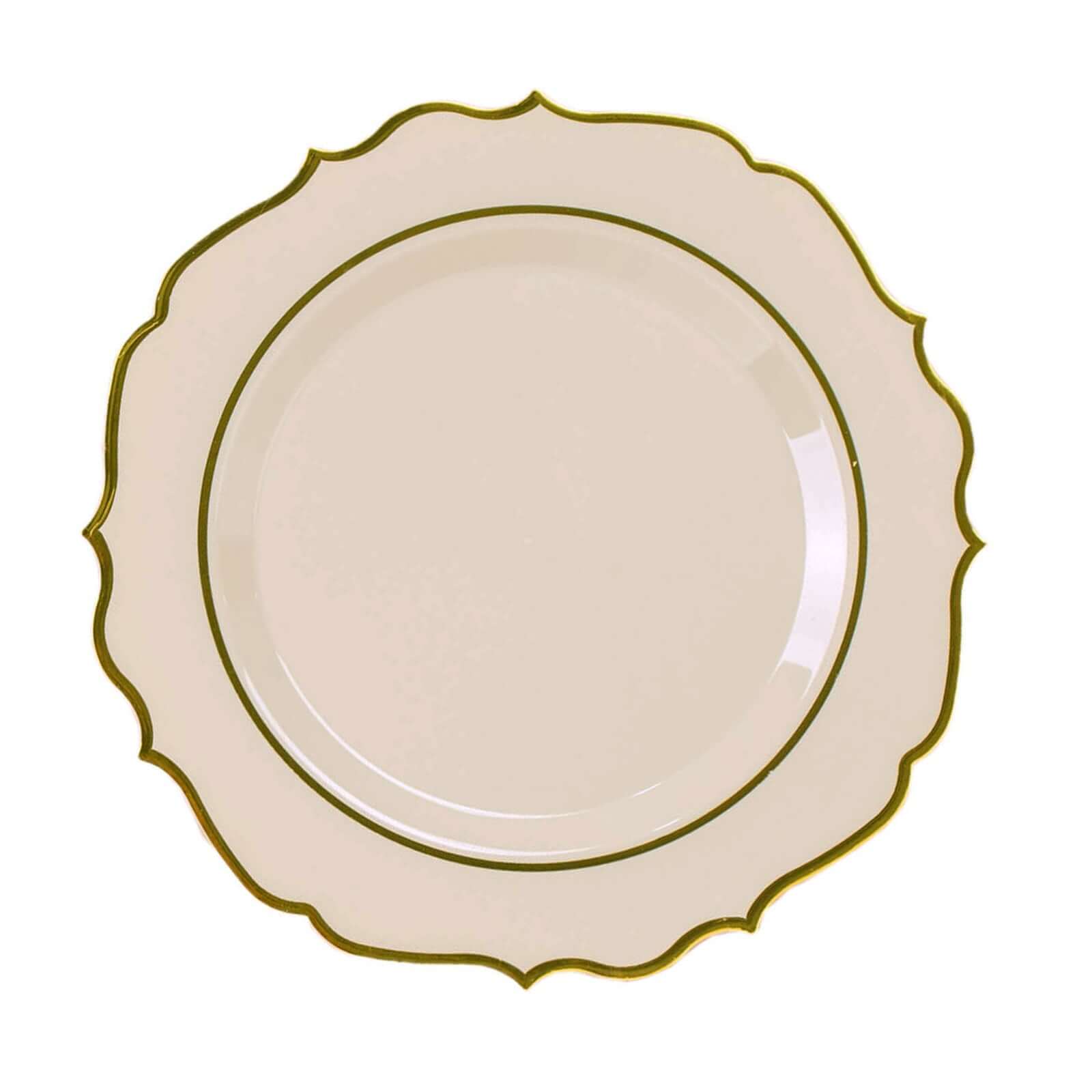 Hot Sale! 10-Piece Disposable Plastic Round Dinner Plates in Taupe with Gold Scalloped Rims