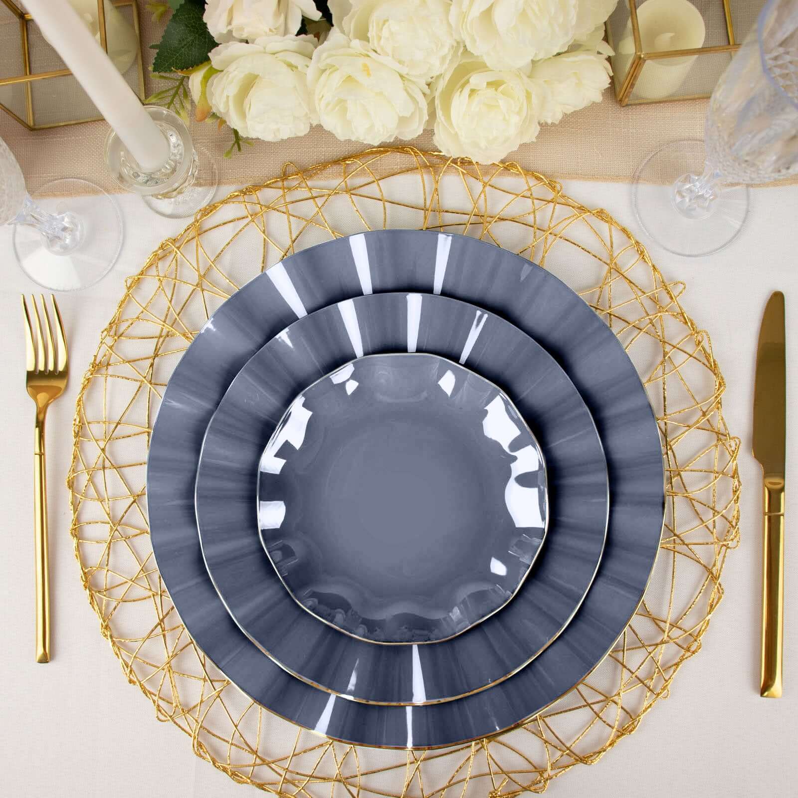 Great Deal! 10-Pack Navy Blue Plastic Round Dessert Plates with Ruffled Rim and Gold Edging