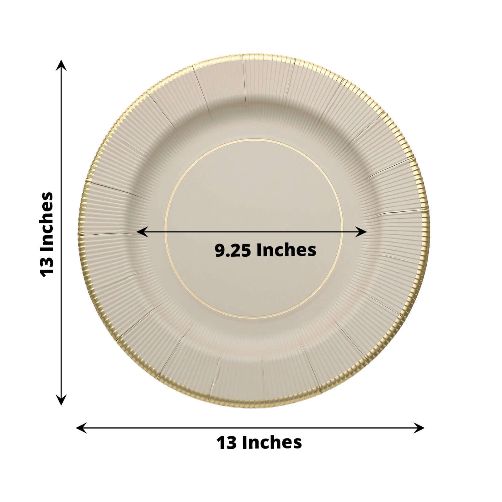 25-Piece Set of Disposable Heavy Duty 350GSM Paper Charger Plates in Taupe Sunray Design with Gold Rim, 13 Inches