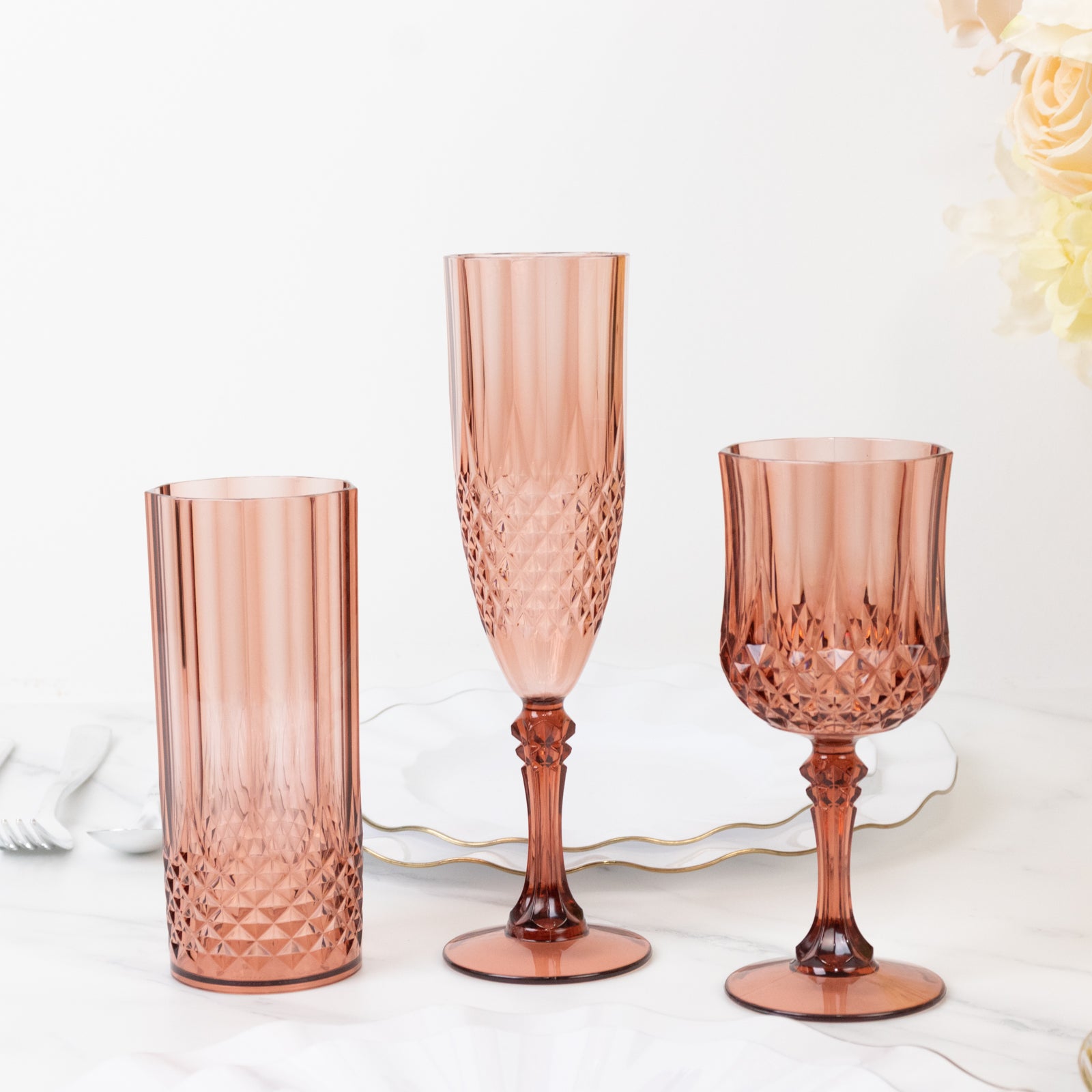 Hot Deal! 6-Pack Reusable 8oz Dusty Rose Plastic Champagne Toast Flutes with Crystal Cut Style