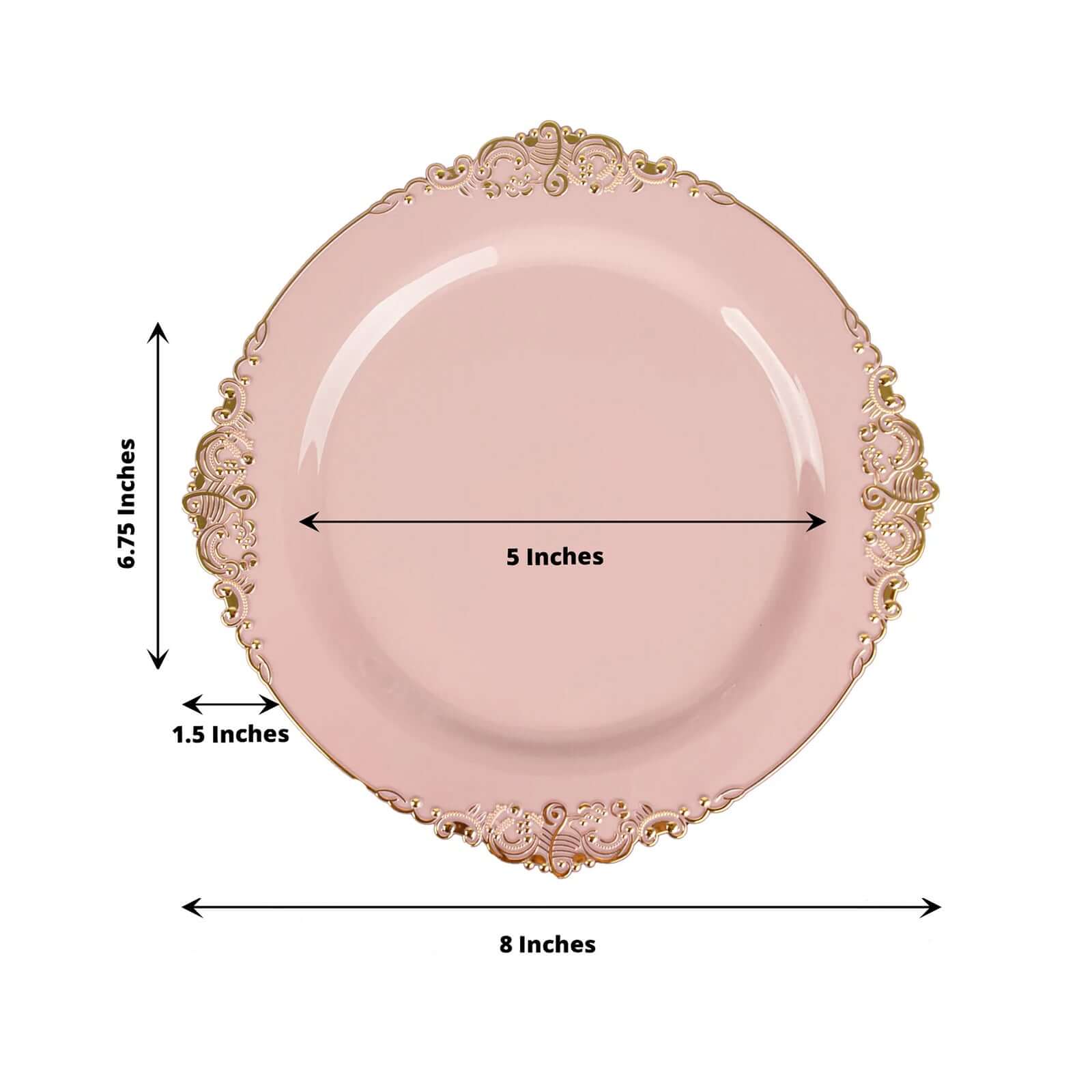 10-Pack Disposable Vintage Blush Plastic Round Dessert Plates with Gold Leaf Embossed Rim - Ideal for Events