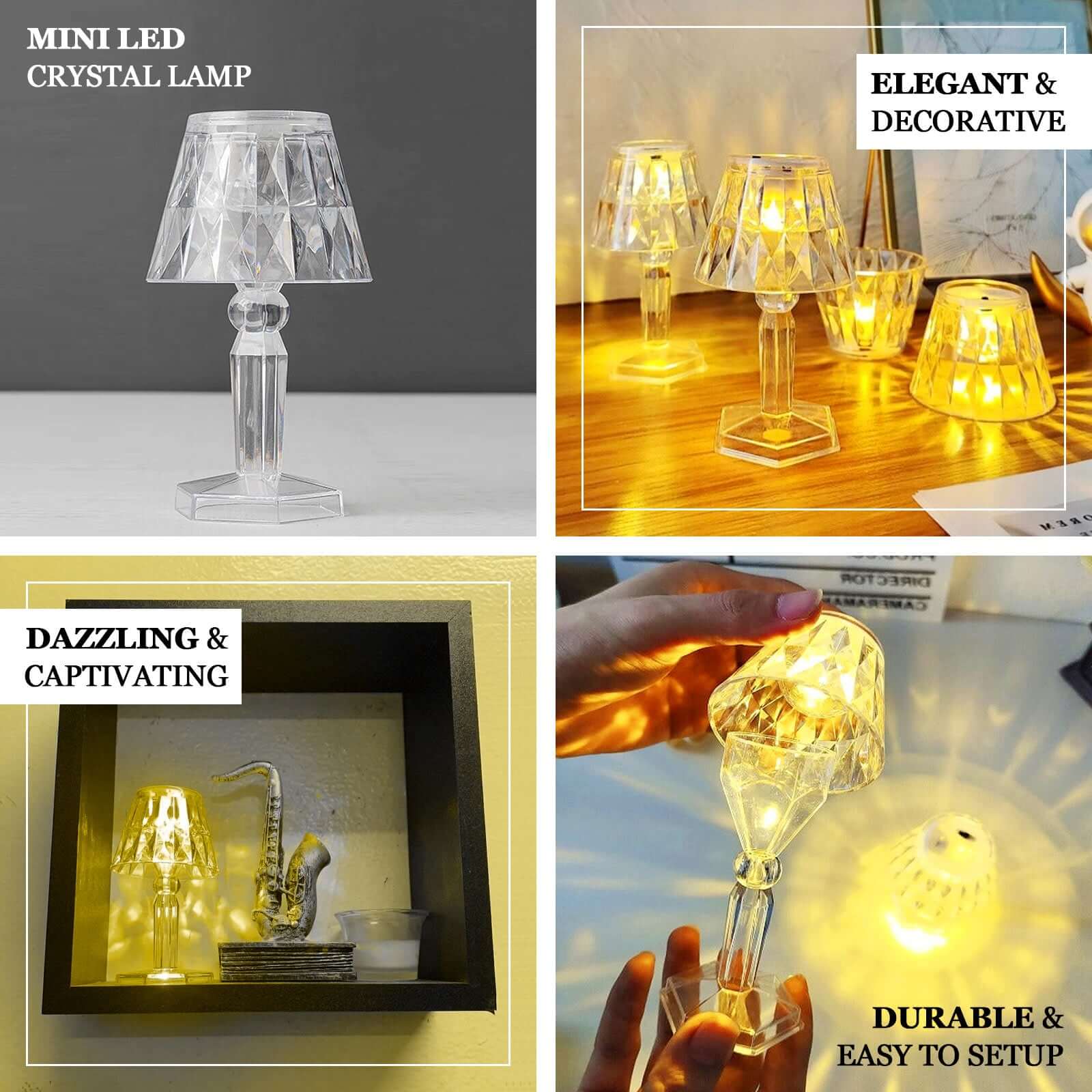 6-Piece Set of Clear Acrylic LED Warm White Accent Night Lights with Diamond Design, 4.5 inches Tall