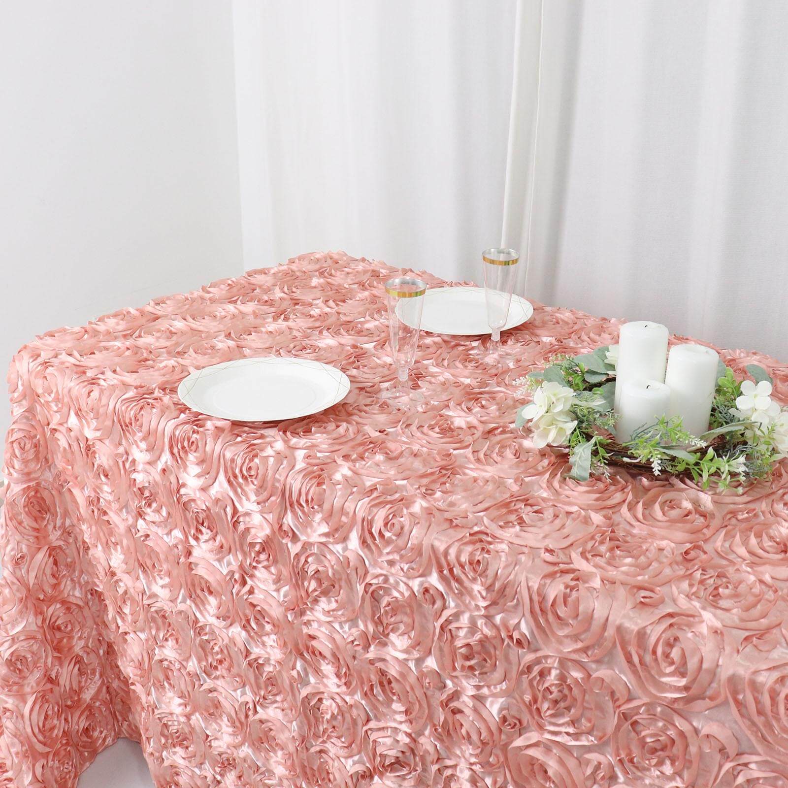 Luxurious Dusty Rose Satin 90x132 Rectangle Tablecloth with 3D Rosette Design