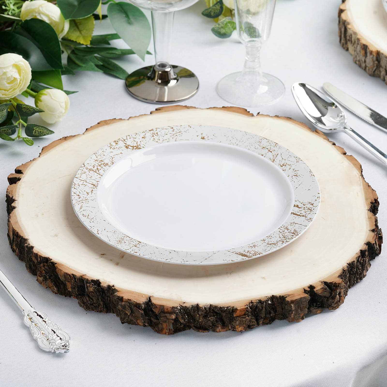 12-Piece Natural Poplar Wood Charger Plates with Bark Edge for Rustic Wedding Tables