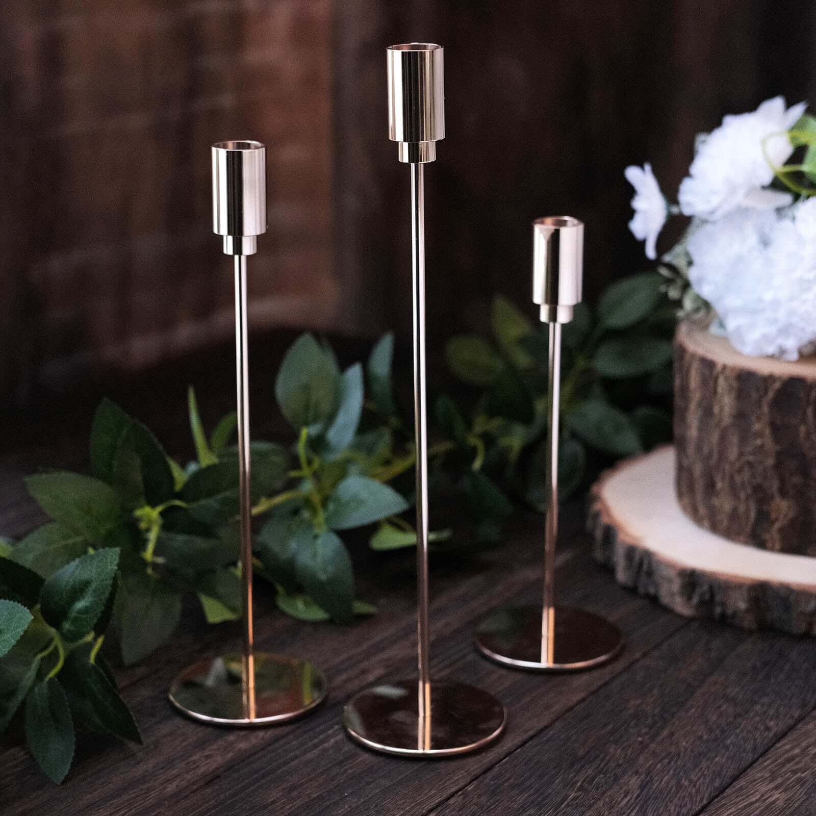 Gold Metal Set of 3 Taper Candle Stands with Round Base - Ideal for Weddings
