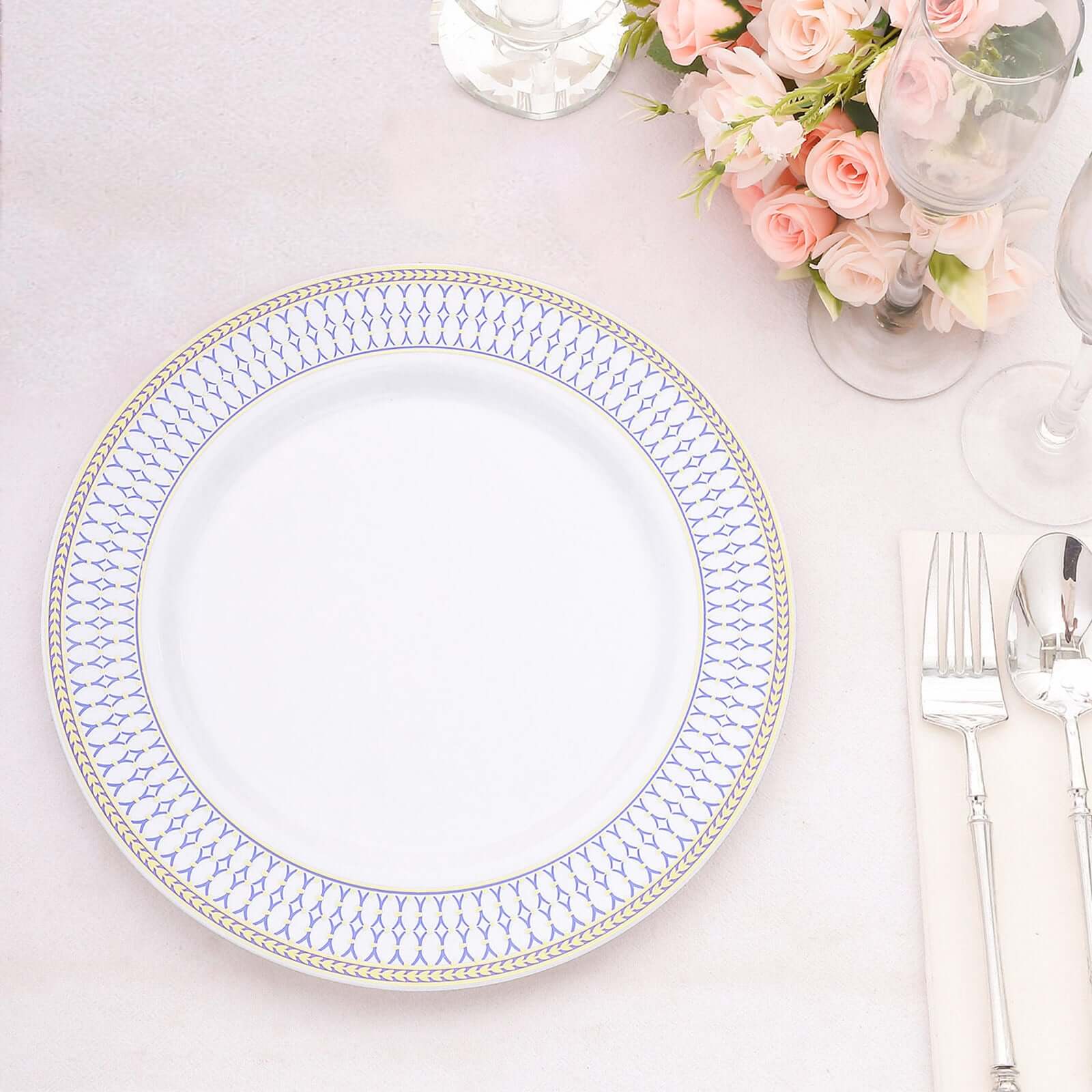 10-Pack White Disposable Dinner Plates with Gold and Navy Blue Chord Rim - Renaissance Style for Events