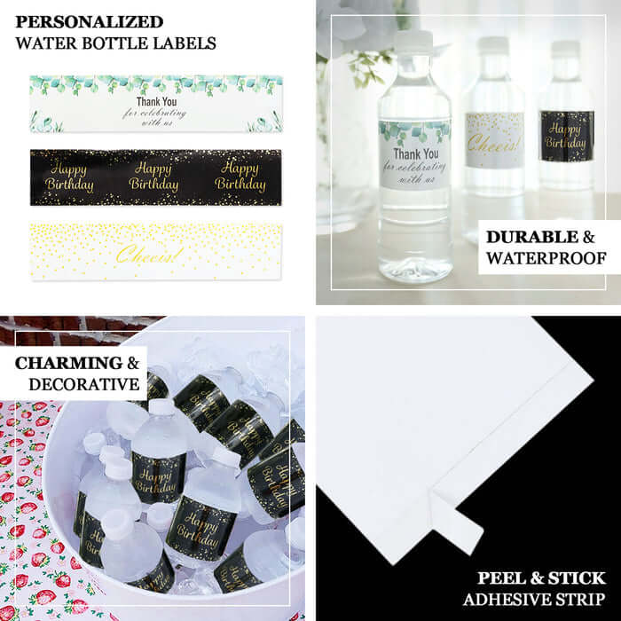 24-Pack Waterproof Rustic Water Bottle Labels with Gold Floral Frame - Thank You!