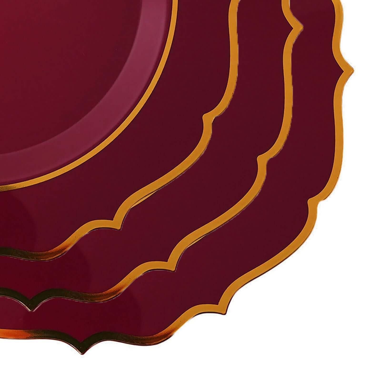 10-Pack Disposable Burgundy Plastic Round Dinner Plates with Gold Scalloped Rim - Ideal for Parties
