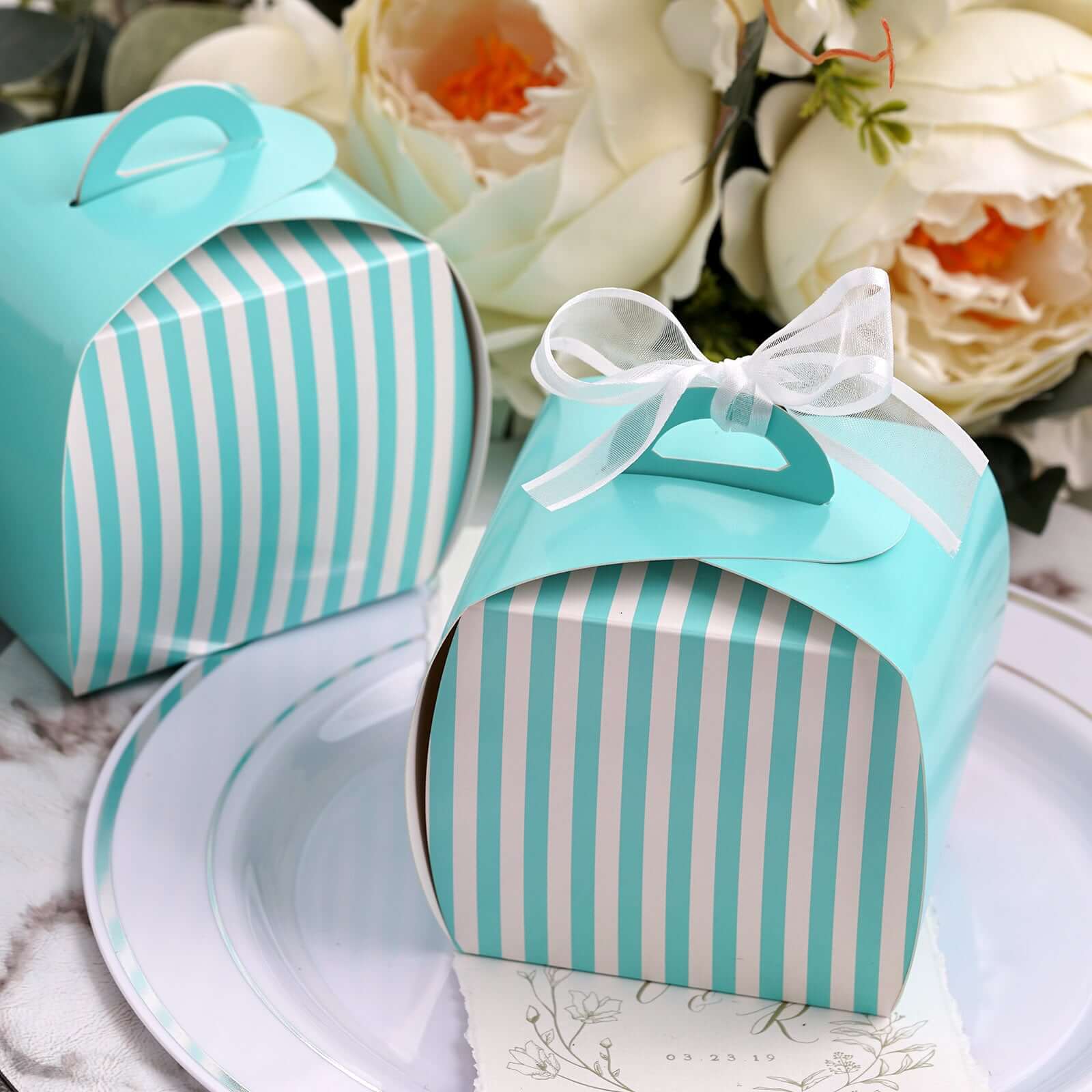 10-Piece Set of 3.5-Inch Turquoise and White Striped Cupcake Candy Gift Boxes