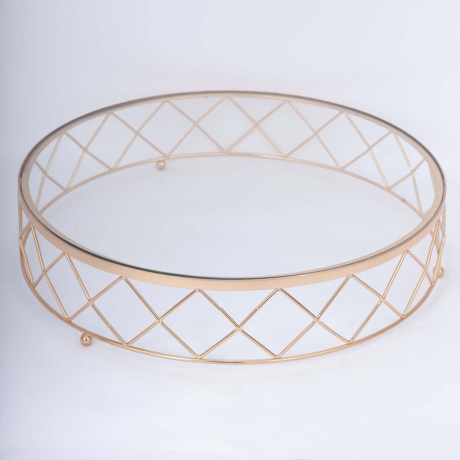 14-Inch Gold Metal Cake Stand with Geometric Diamond Cut Design and Glass Top for Dessert Display