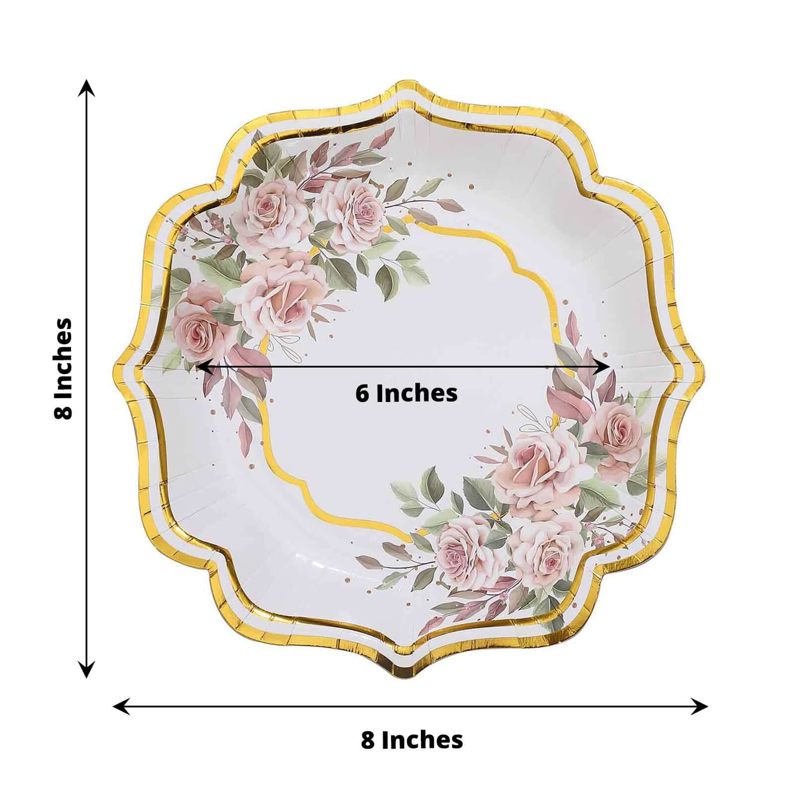 25-Pack Disposable 8-Inch White Floral Gold-Scalloped Dessert Plates for Events