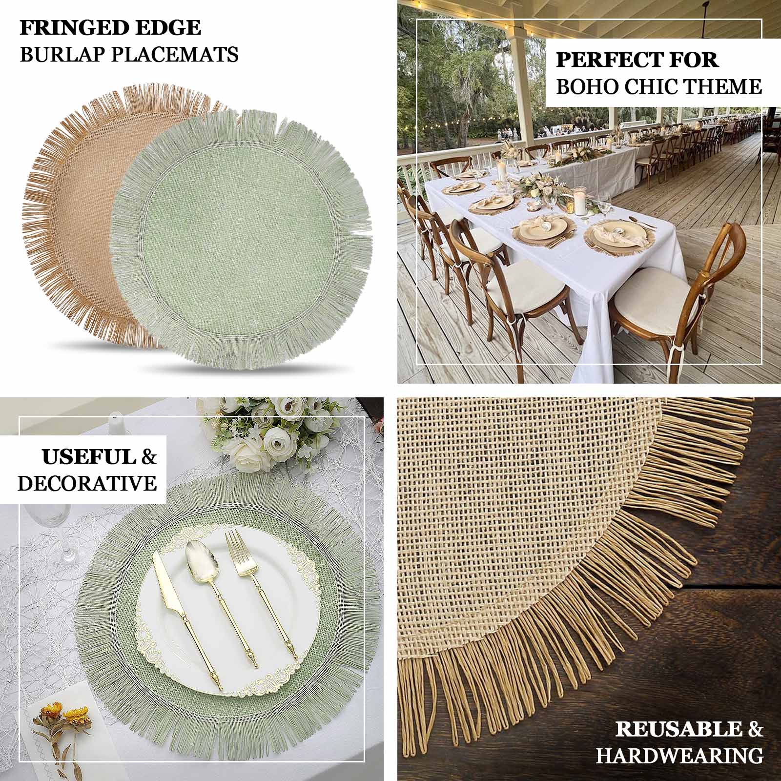 4-Piece Sage Green Jute Round Placemats with Fringe Edge - Rustic Boho Table Decor
