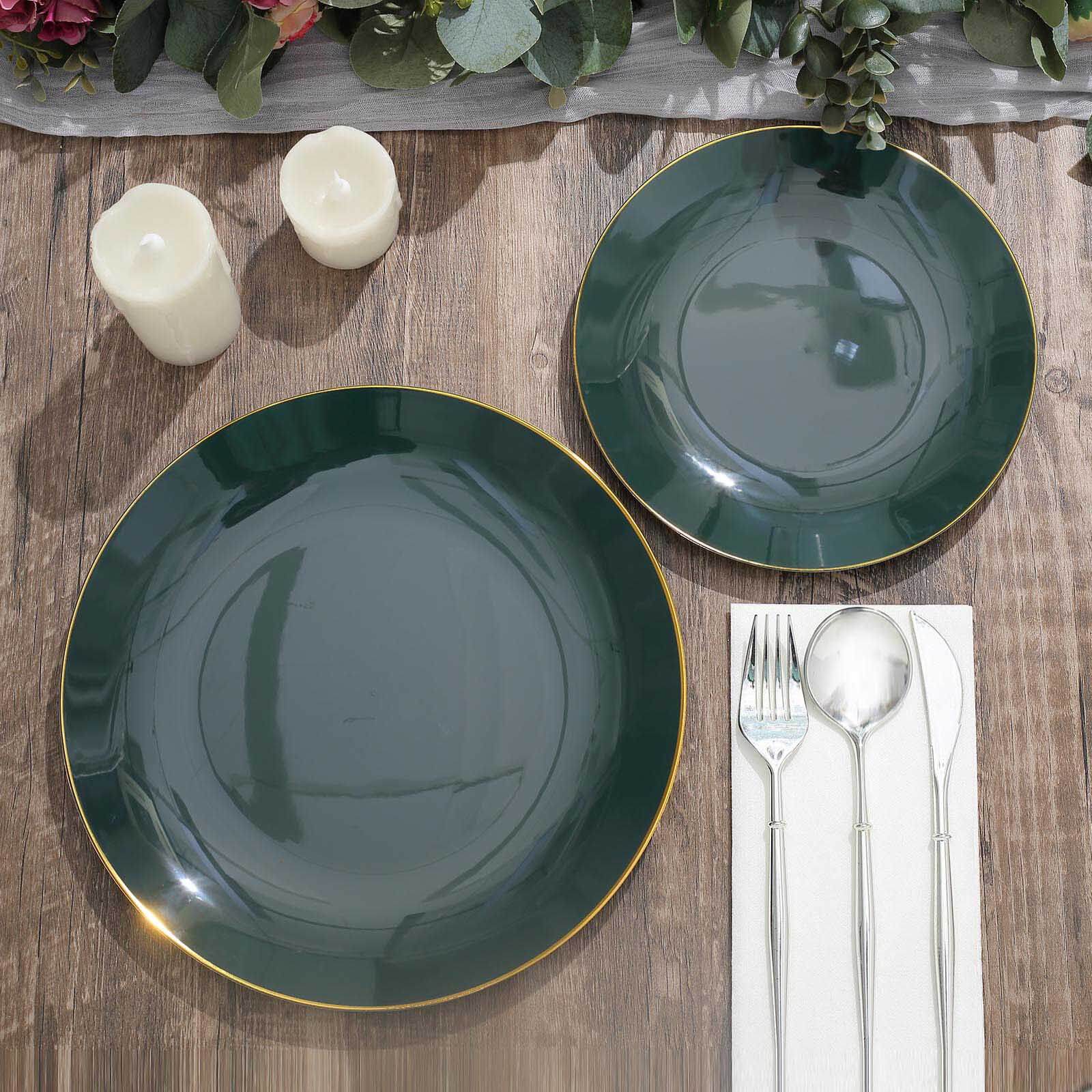 10-Piece Set of Disposable Plastic Round Dessert Plates in Hunter Emerald Green with Gold Rim - Ideal for Special Occasions