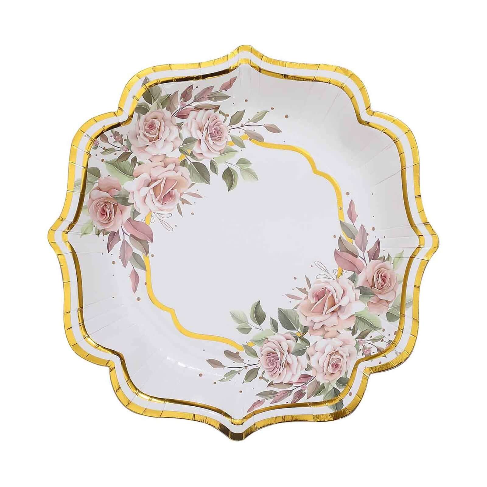 25-Pack Disposable 8-Inch White Floral Gold-Scalloped Dessert Plates for Events