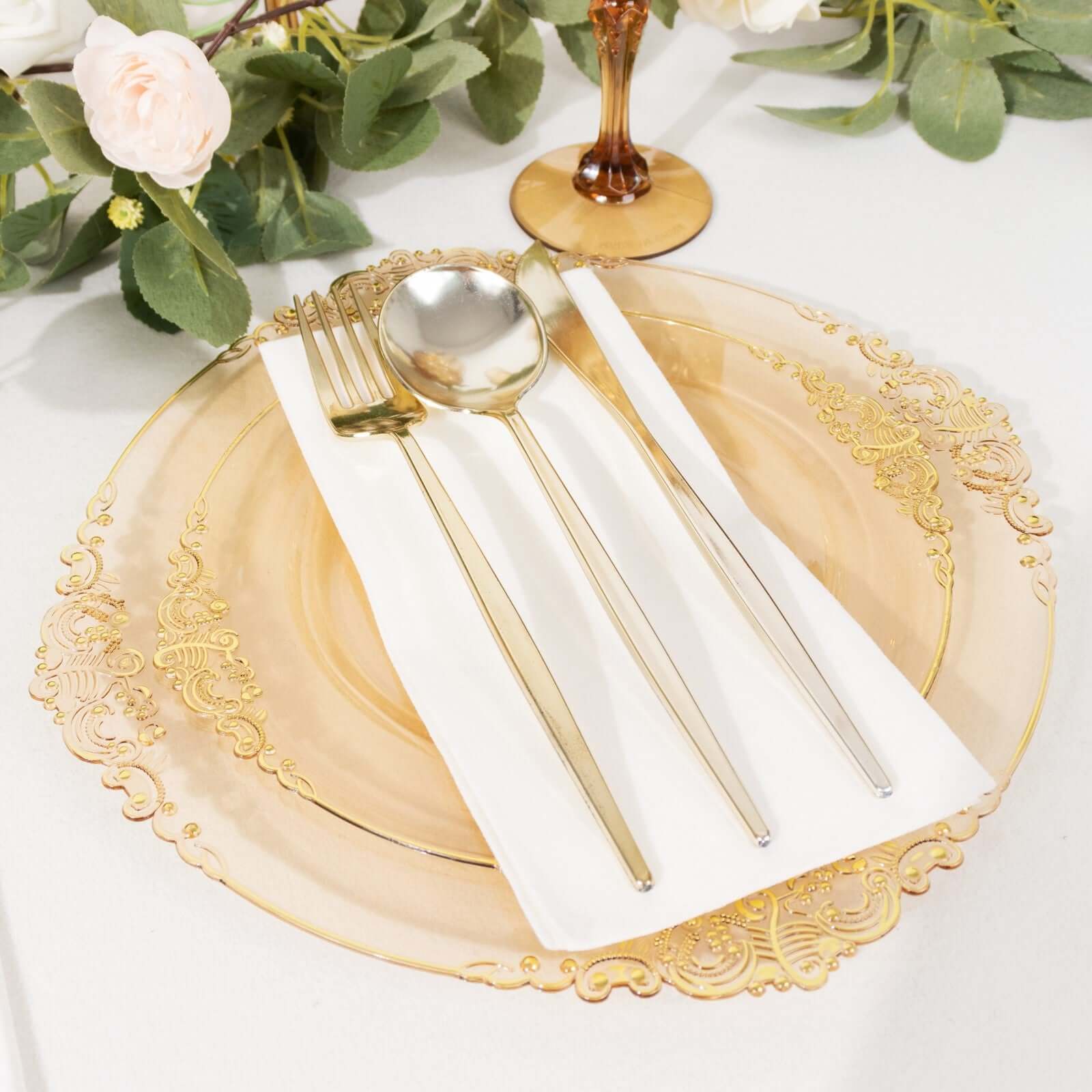 10-Pack Disposable Plastic Round Dinner Plates in Transparent Amber Gold with Gold Leaf Rim