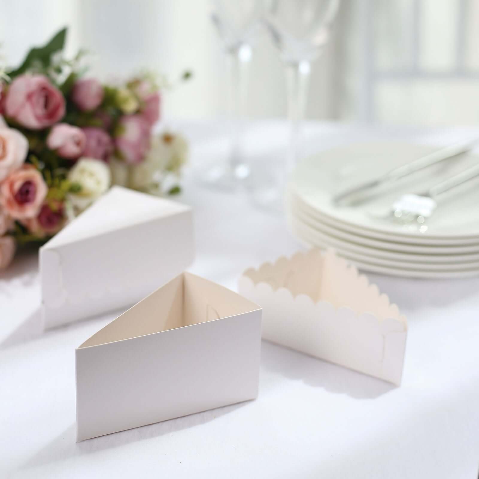 10-Pack White Cardstock Cake Slice Boxes with Scalloped Top - Ideal Decorative Dessert Containers for Party Favors