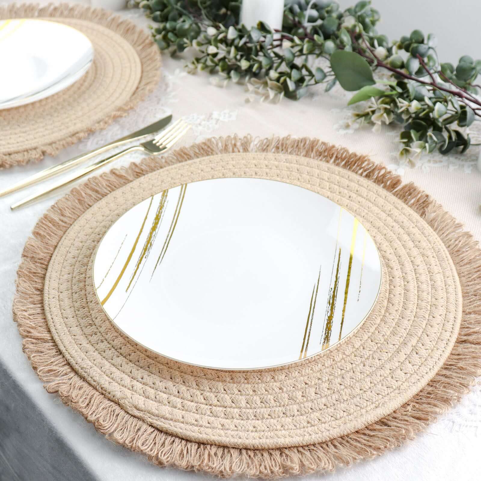 4-Pack Natural Rustic Burlap Jute Round Placemats with Fringed Edge - Farmhouse Style Table Decor