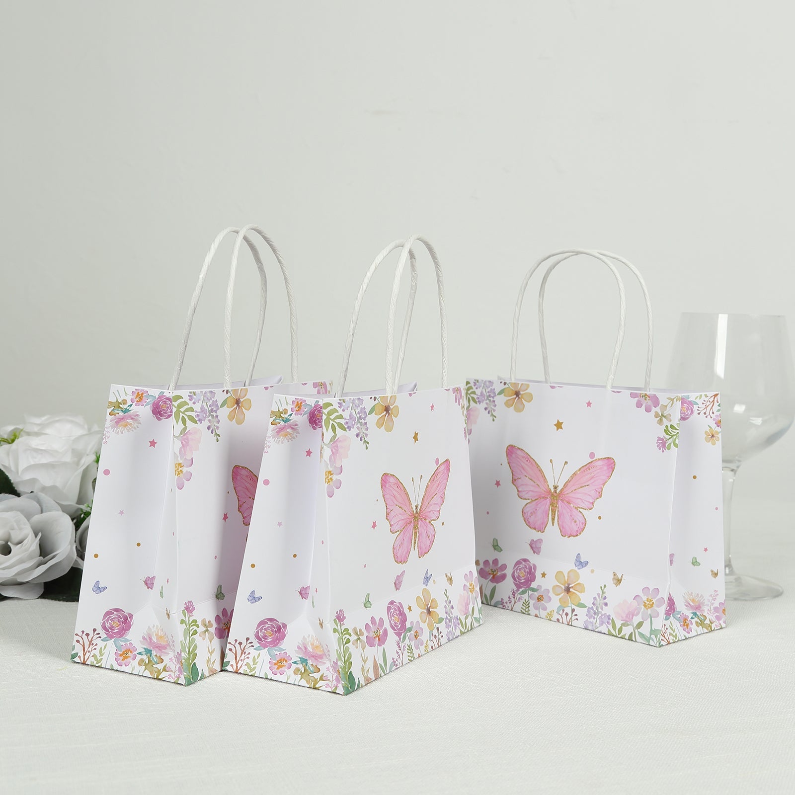 12-Pack Pink Glitter Butterfly Floral Print White Gift Bags with Handles - Ideal for Various Occasions
