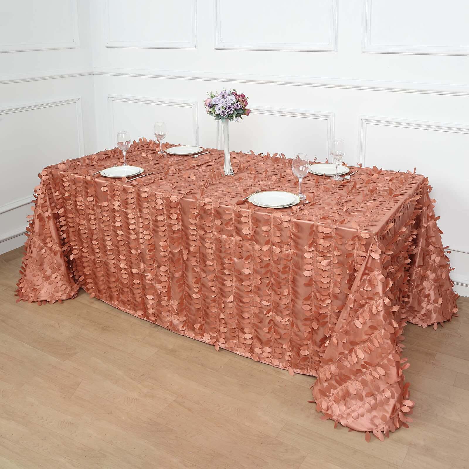 Exclusive Terracotta (Rust) Taffeta Rectangle Tablecloth with 3D Leaf Petal Design