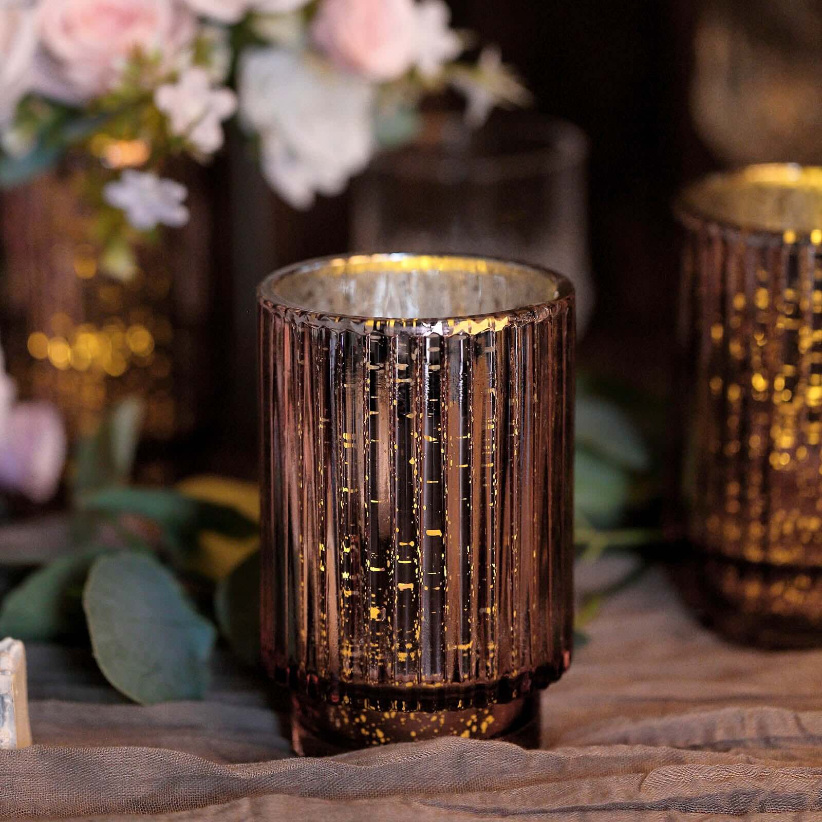 Hot Deal! 3-Pack Rose Gold Wavy Mercury Glass Hurricane Candle Holders