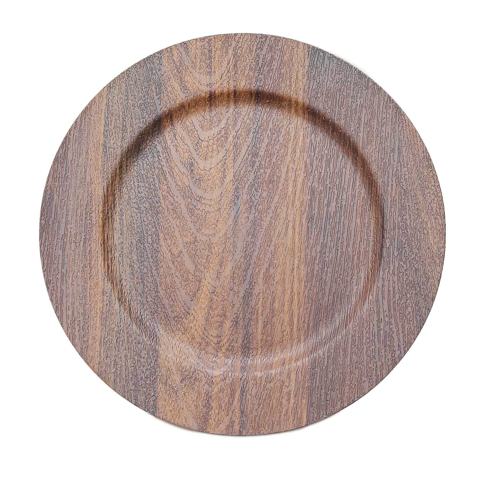 Hot Sale! 6-Piece Set of 13-Inch Dark Brown Plastic Charger Plates with Faux Wood Finish for Rustic Boho Dinner Parties