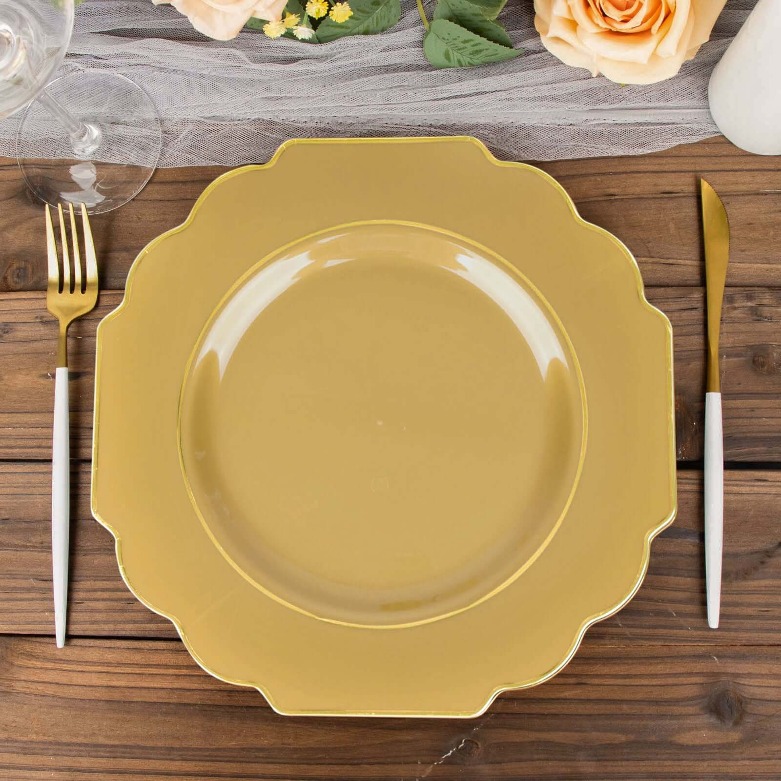 Get 10-Pack Heavy Duty Disposable Gold Baroque Dinner Plates with Scalloped Rim for Events