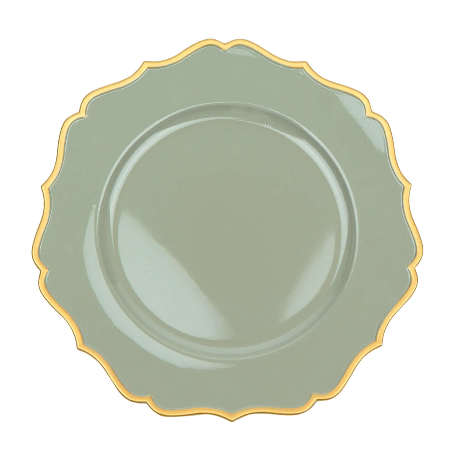 6-Piece Set of 13-Inch Dusty Sage Green Acrylic Charger Plates with Gold Scalloped Edges