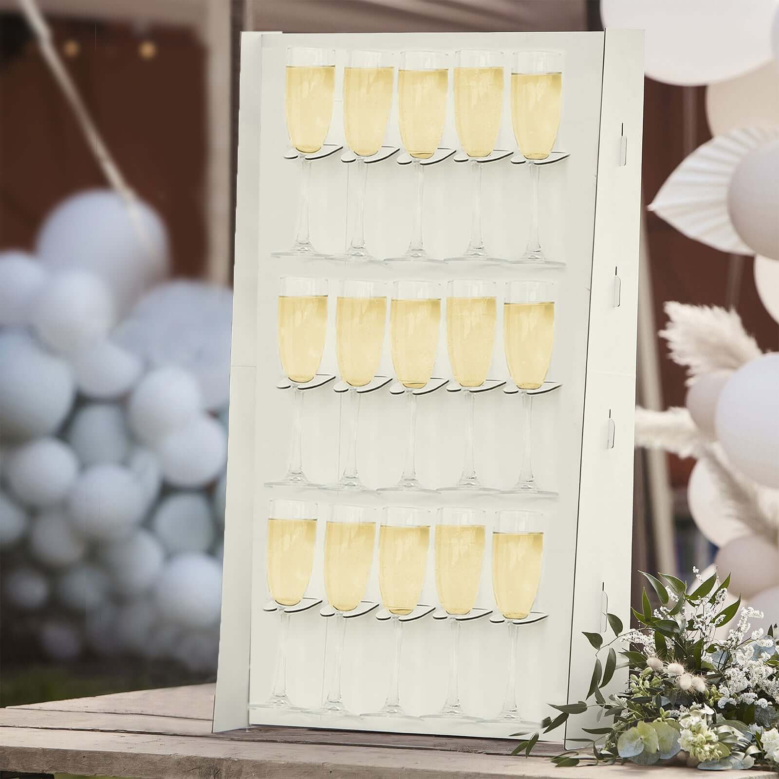 White 3-Tier Wooden Rectangle Floor Standing Champagne Glass Holder for Rustic Events