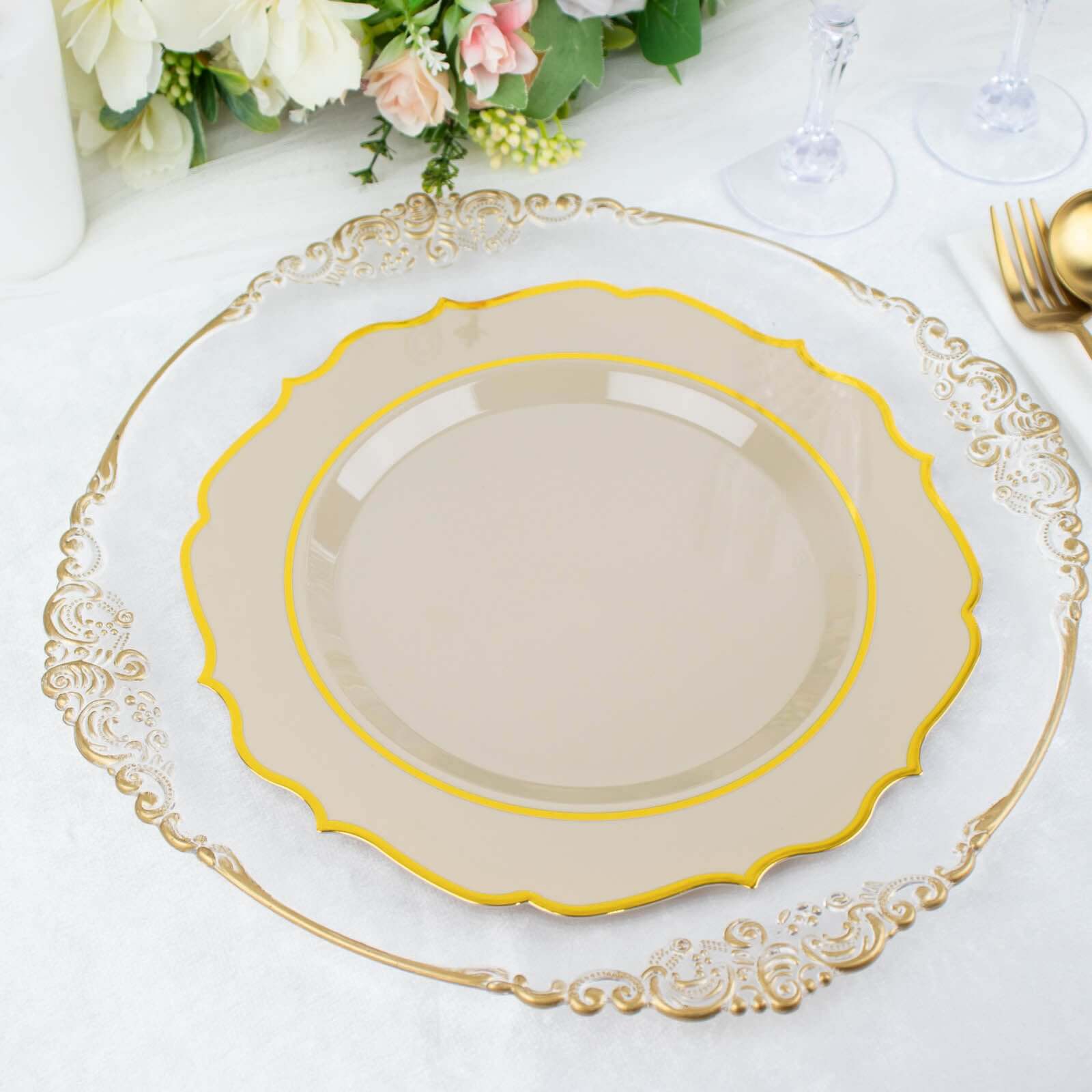 Hot Sale! 10-Piece Disposable Plastic Round Dinner Plates in Taupe with Gold Scalloped Rims