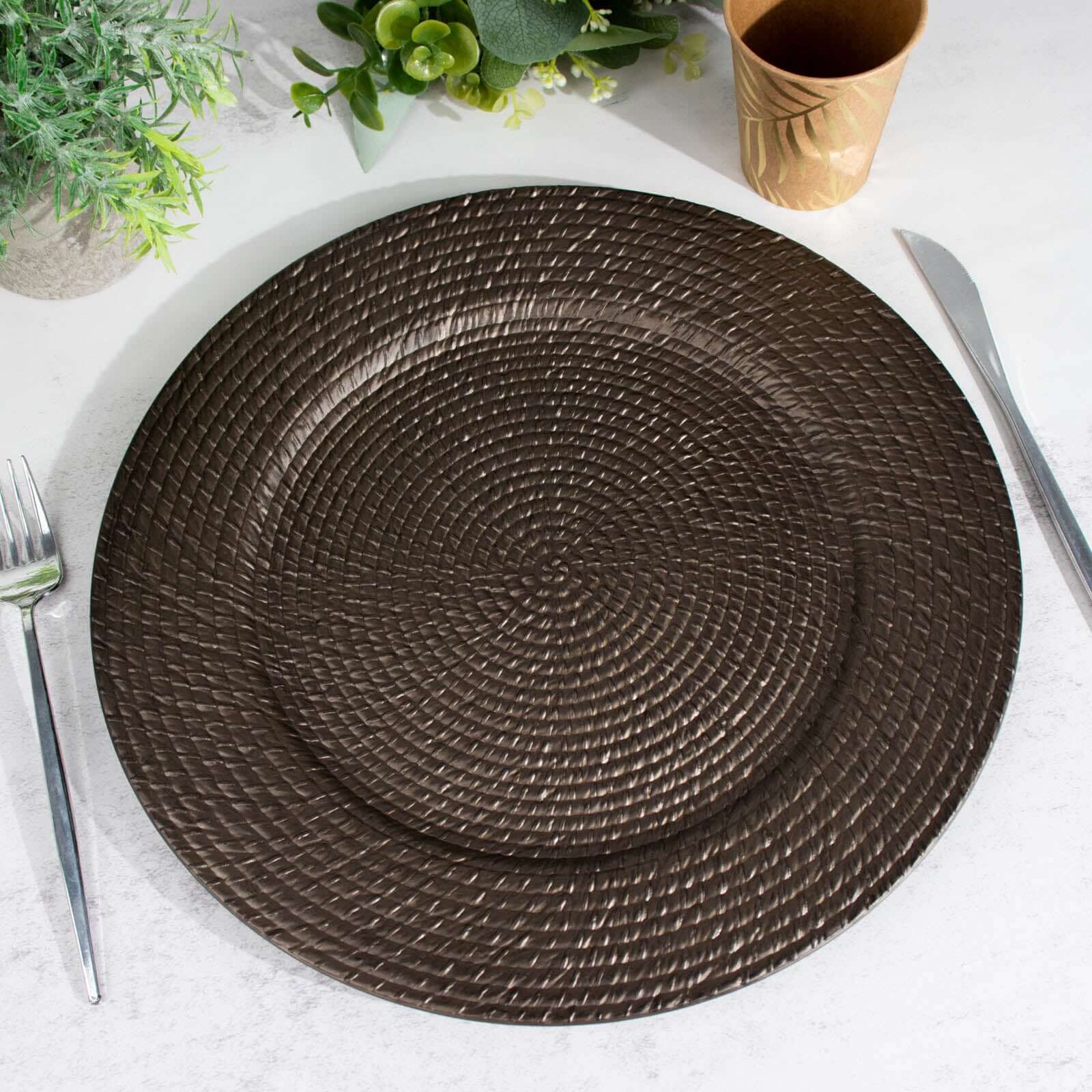 6-Piece Set of 13-Inch Natural Brown Acrylic Charger Plates with Rattan Look, Reusable for Events