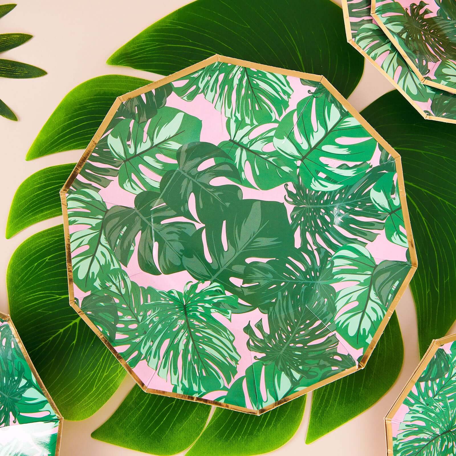 25-Pack 9" Pink Paper Decagon Dinner Plates with Green Palm Leaves & Gold Rim - Ideal for Luau & Summer Parties
