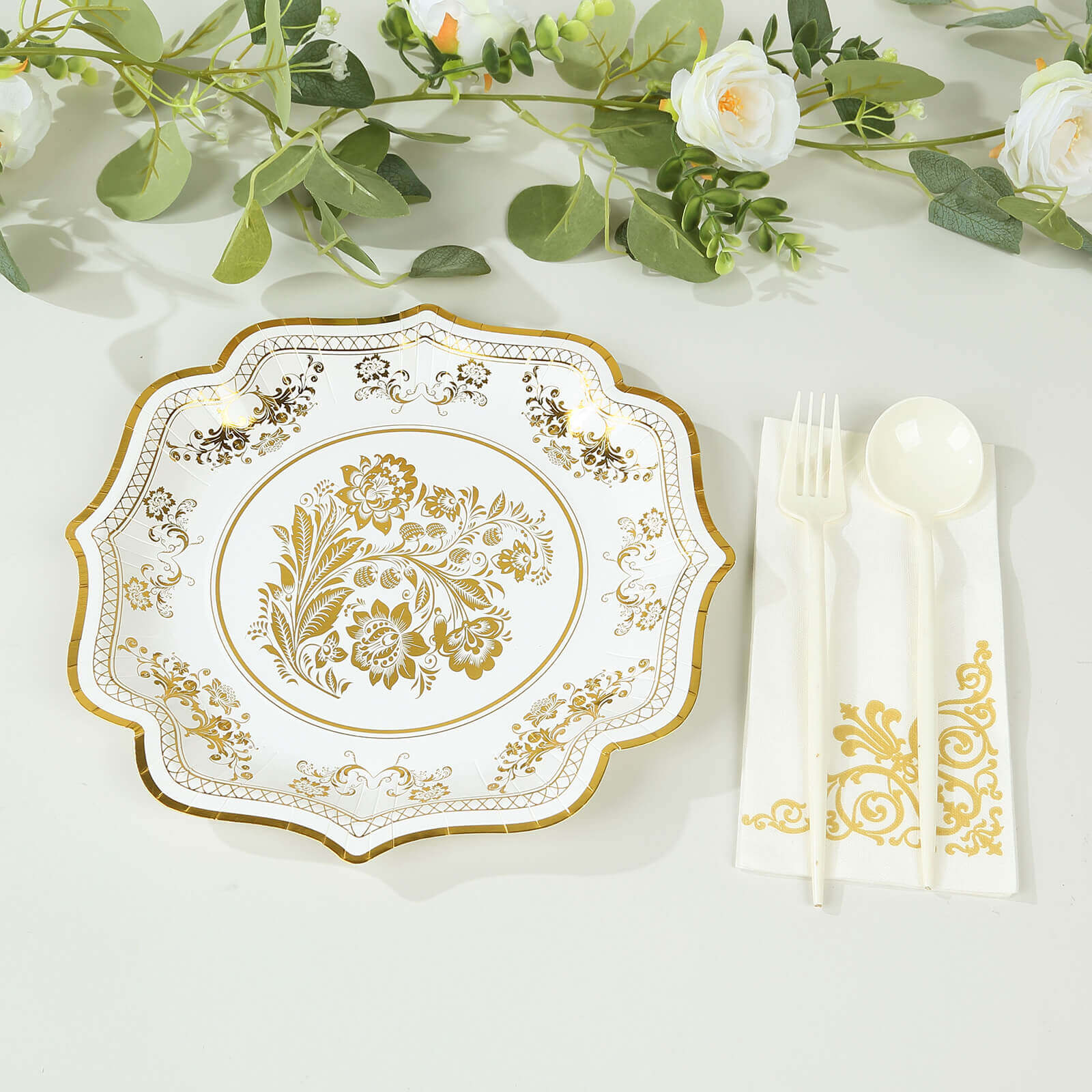 25-Piece Set of Elegant White and Gold Damask Floral Disposable Paper Dinner Plates, 10-Inch Size